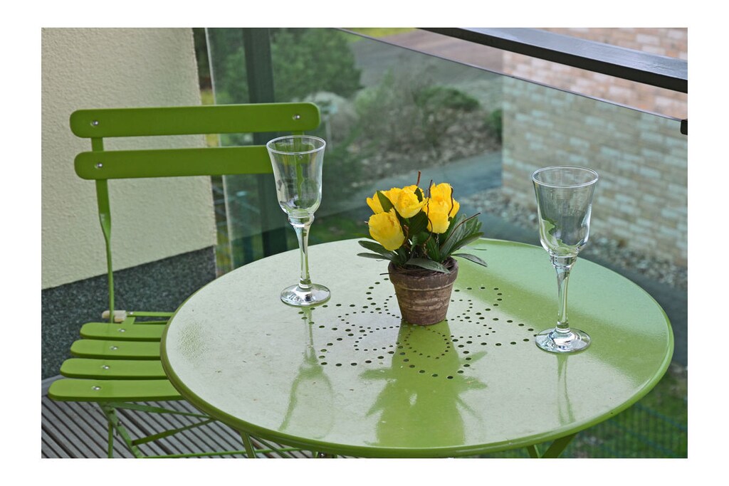 On the 1st floor: (hallway(Mirror, Wardrobe Coatrack, heating), Living/diningroom(Games, Kitchenette, single sofa bed, TV, dining table, radio, electric kettle, toaster, cooker, coffee machine, microwave, fridge, freezer, heating), bathroom(Mirror, toilet, shower, washbasin, heating))\n\nFire Alarm, Hot Water, Internet Access DSL, bedroom(Wardrobe, double bed, heating), Internet access, balcony(grill, garden furniture), heating, parking