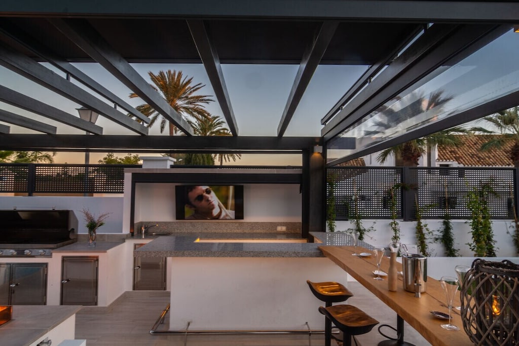 Terrace, pools and garden