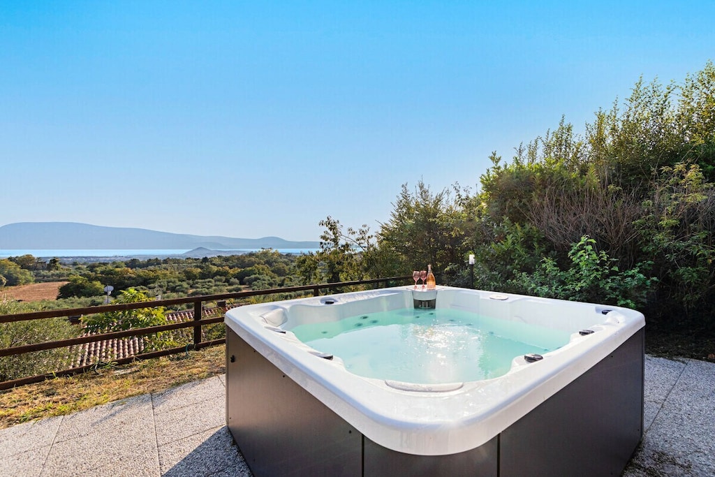 Ground floor: (Living room(single sofa bed, TV), Kitchen(hob, electric kettle, toaster, oven, dishwasher, freezer, dishes and cutlery), bedroom(double bed), bathroom(shower))\n\ngarden, garden furniture, sun loungers, swimming pool