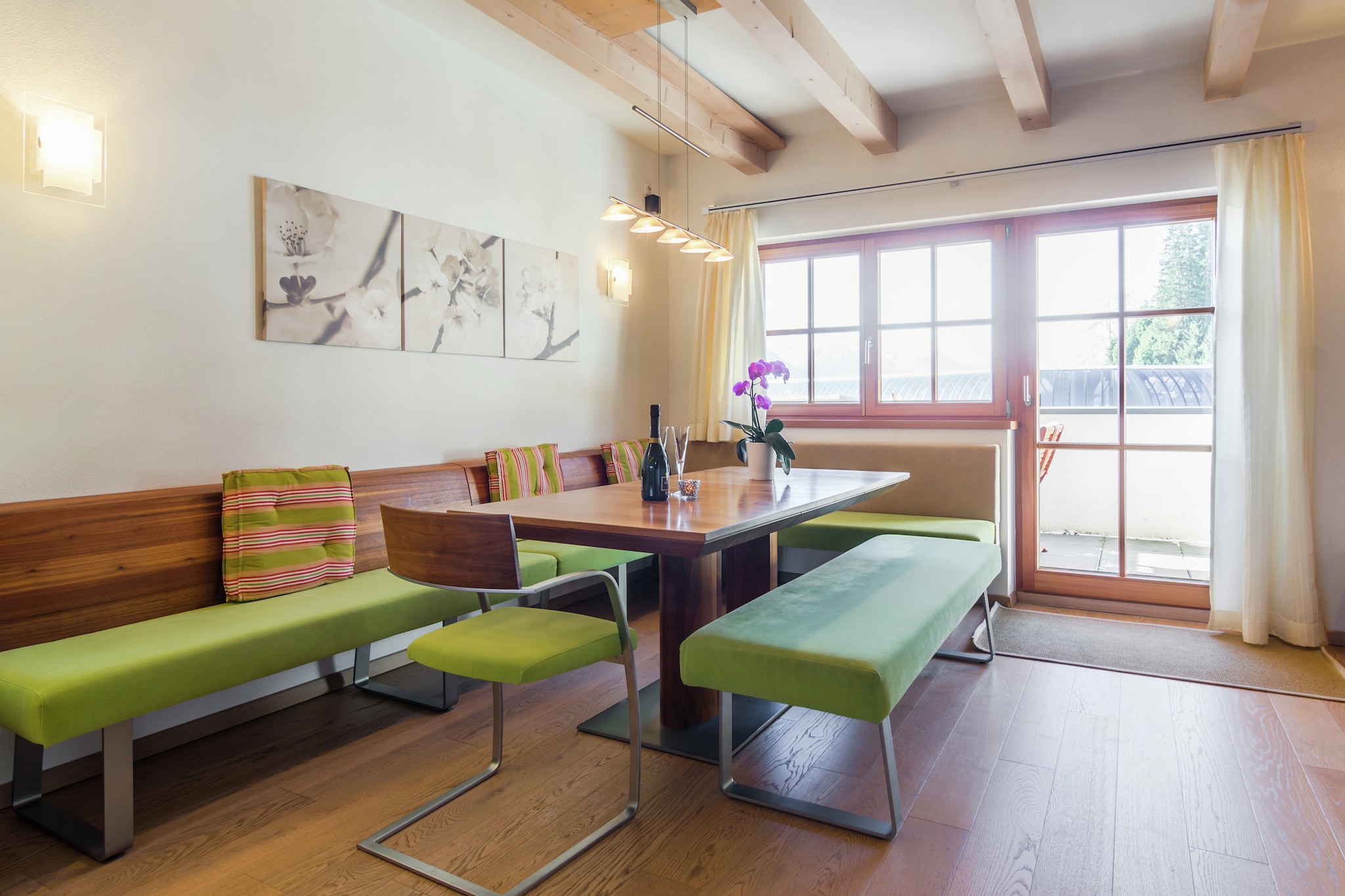 On the 2nd floor: (bedroom(single bed, double bed, TV(satellite)), bedroom(bunk bed, TV), bathroom(shower, sauna, washbasin), toilet, balcony)\n\nOn the 3rd floor: (Living room(TV(satellite), DVD player, CD player, stereo unit), open kitchen(coffee machine, oven, microwave, dishwasher, fridge-freezer), bedroom(double bed, TV(satellite)), bathroom(shower, washbasin, toilet), balcony)\n\nski storage(ski boot heaters), garage, heating(central), terrace, garden(shared with other guests), garden furniture, parking, lift, children\'s bed, high chair