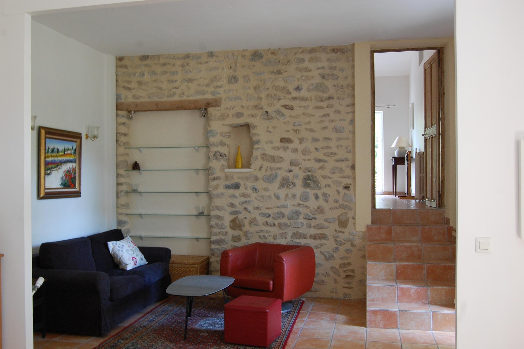 On the 1st floor: (Living room(double sofa bed, TV, DVD player, stereo unit), Kitchen(oven, microwave, dishwasher, fridge-freezer, washing machine), bedroom(double bed or 2 single beds(90 x 200 cm)), bedroom(double bed(160 x 200 cm)), bathroom(bath tub, washbasin, toilet), heating(central), terrace(private))\n\nGuest house ground floor: (bedroom(double bed or 2 single beds(90 x 200 cm)), bathroom(shower, toilet), terrace(private))\n\ncot, garden(shared with other guests, fenced), garden furniture(8 persons), BBQ, swimming pool(shared with other guests, fenced, 10 x  5 m., opened from Apr upto and including 1/2 Nov), boules court, bicycles available, high chair, Volleyball court