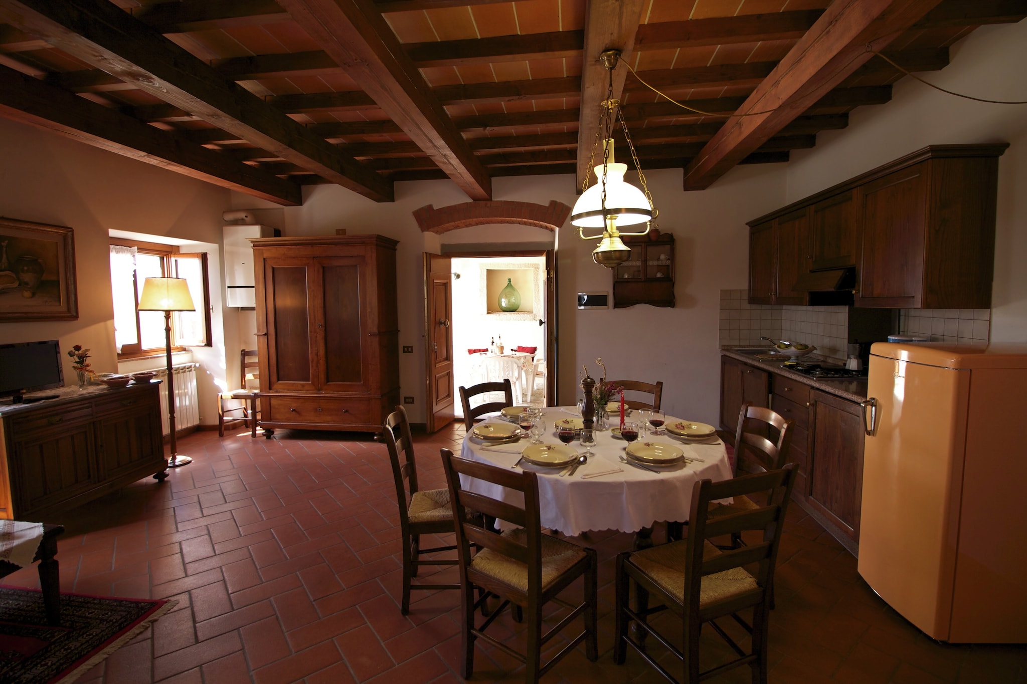 Ground floor: (open kitchen(hob, toaster, hood, coffee machine, espresso machine, oven, microwave, dishwasher, fridge-freezer, Food processor), Living/bed room(double sofa bed, TV), bedroom(double bed or 2 single beds), bedroom(double bed or 2 single beds), bathroom(shower, washbasin, toilet, bidet), terrace(roofed))\n\nrecreation room(shared with other guests, reachable from the outside), carport(shared with other guests, reachable from the outside), Bubble bath(shared with other guests), washing machine(shared with other guests, paid), heating(central), garden(shared with other guests, fenced, illuminated, > 1000 m2), garden furniture, BBQ, parking, swimming pool(shared with other guests, 16 x  8 m., opened from May upto and including 1/2 Oct), boules court, play equipment, slide, table tennis table, children\'s bed