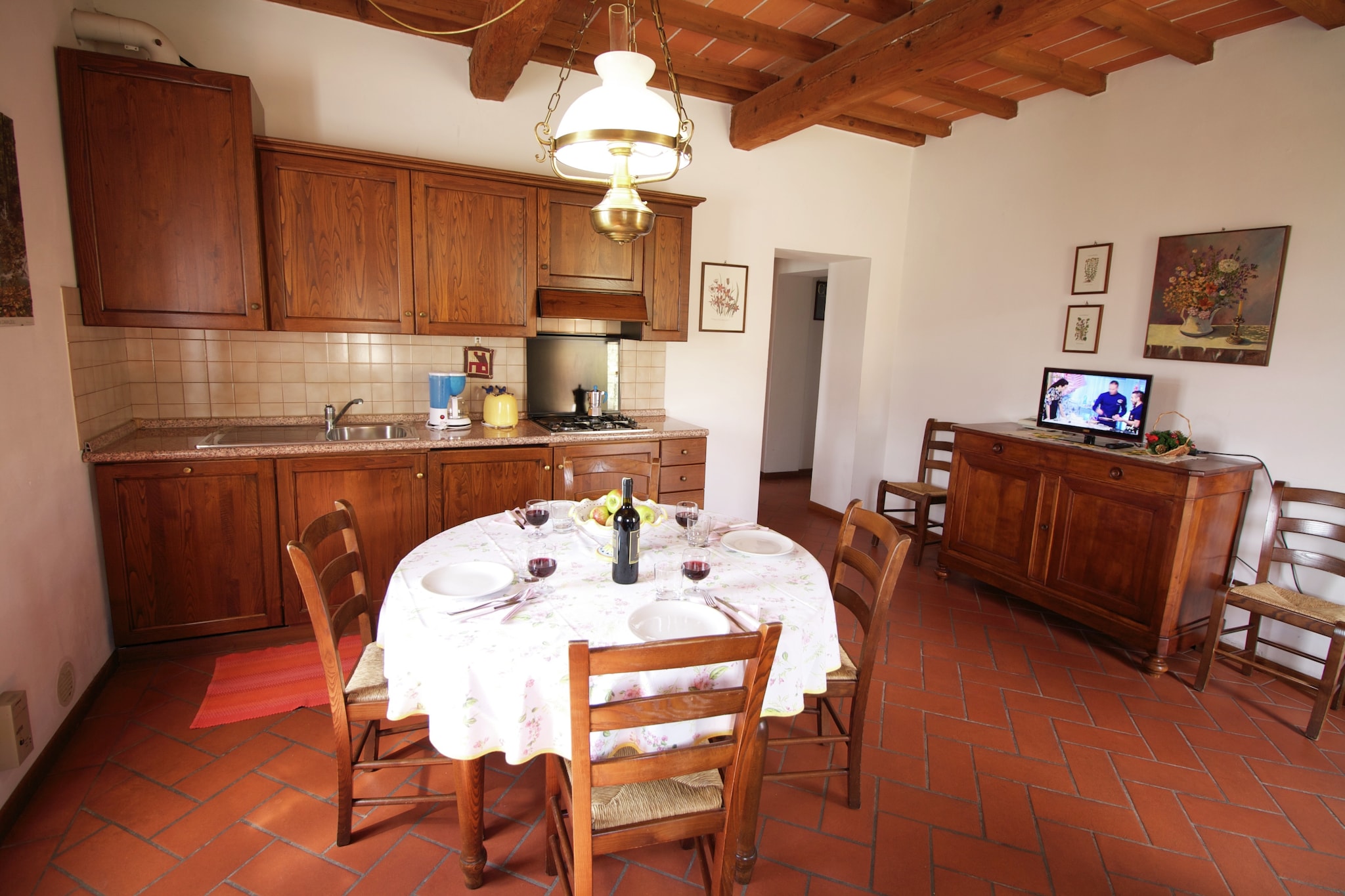 mezzanine: (open kitchen(dishwasher, fridge-freezer), Living/bed room(double sofa bed, TV), bedroom(double bed), bedroom(2x single bed), bathroom(shower, washbasin, toilet, bidet))\n\nrecreation room(shared with other guests, reachable from the outside), Bubble bath(shared with other guests), washing machine(shared with other guests, paid), heating(central), terrace(private), garden(shared with other guests, fenced, illuminated, > 1000 m2), garden furniture, BBQ, parking, swimming pool(shared with other guests, 16 x  8 m., opened from May upto and including 1/2 Oct), boules court, play equipment, slide, table tennis table