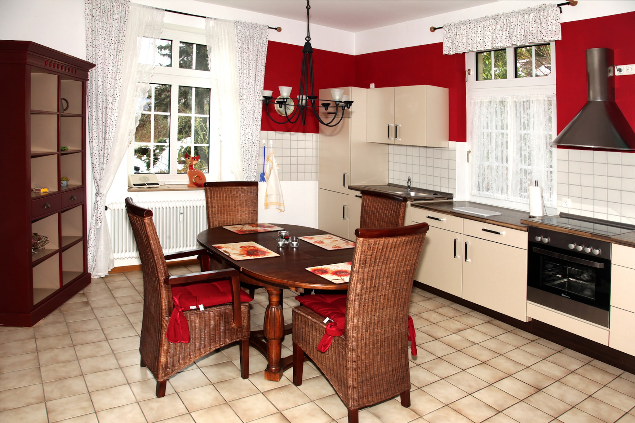 On the 1st floor: (Living room(TV(satellite), stereo unit), Large kitchen(cooker(4 ring stoves, ceramic, electric), coffee machine(filter), oven, microwave, fridge), bedroom(double bed), bathroom(bath tub, shower, washbasin, toilet))\n\nfitness room(shared with other guests), balcony, garden furniture, children\'s bed, high chair