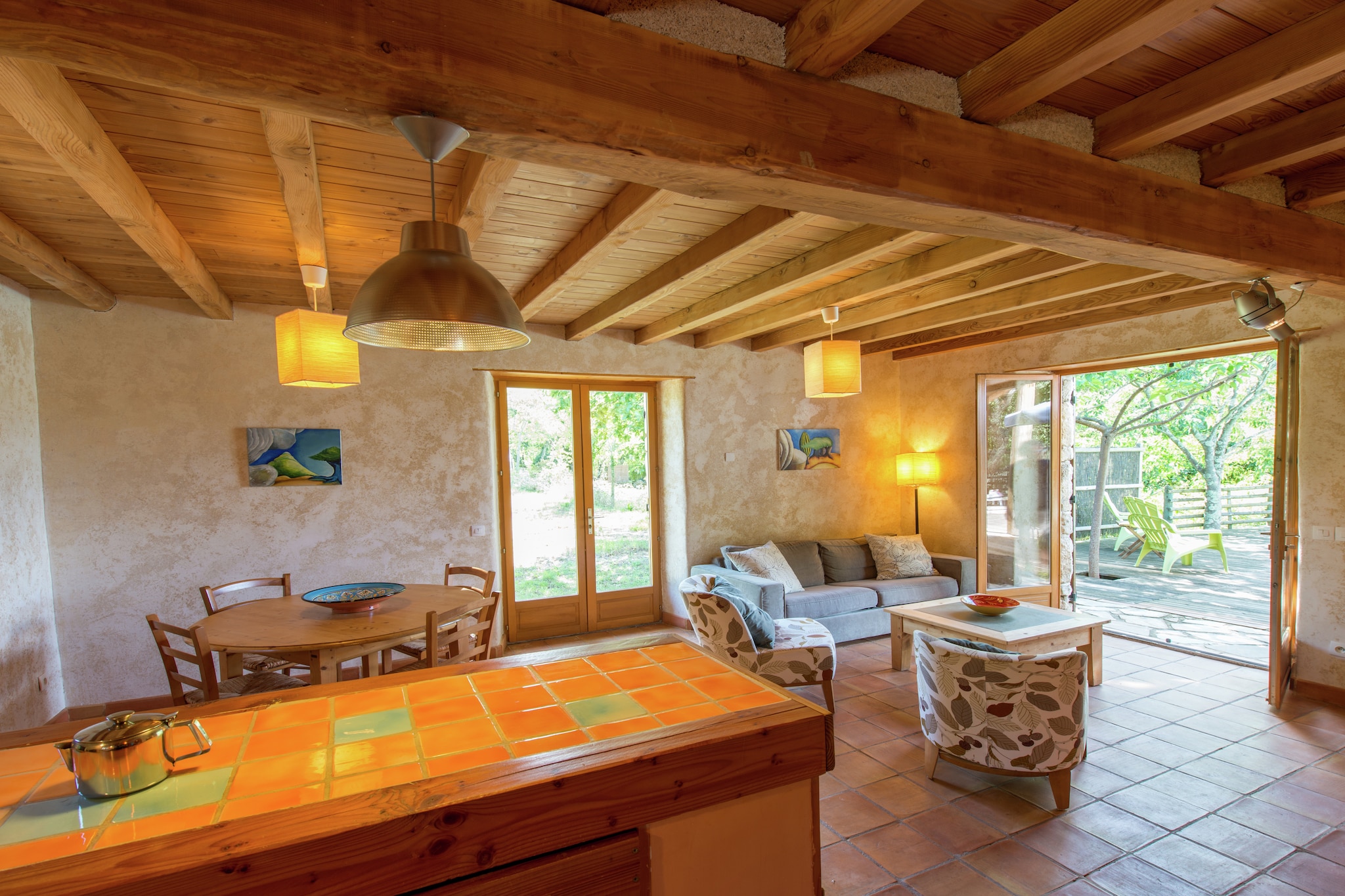 Ground floor: (Living room(double sofa bed, TV, fireplace, radio, CD player), open kitchen(bar, fridge-freezer), bedroom(bunk bed), bedroom(2x single bed(duvet, 150 x 200 cm)), bathroom(shower, hairdryer), toilet)\n\ncarport, coffee machine, oven, fridge, freezer, washing machine, heating(floor heating), terrace, terrace, garden, garden furniture, BBQ, swimming pool(private, 8 x 4 m., opened from May upto and including Sep)