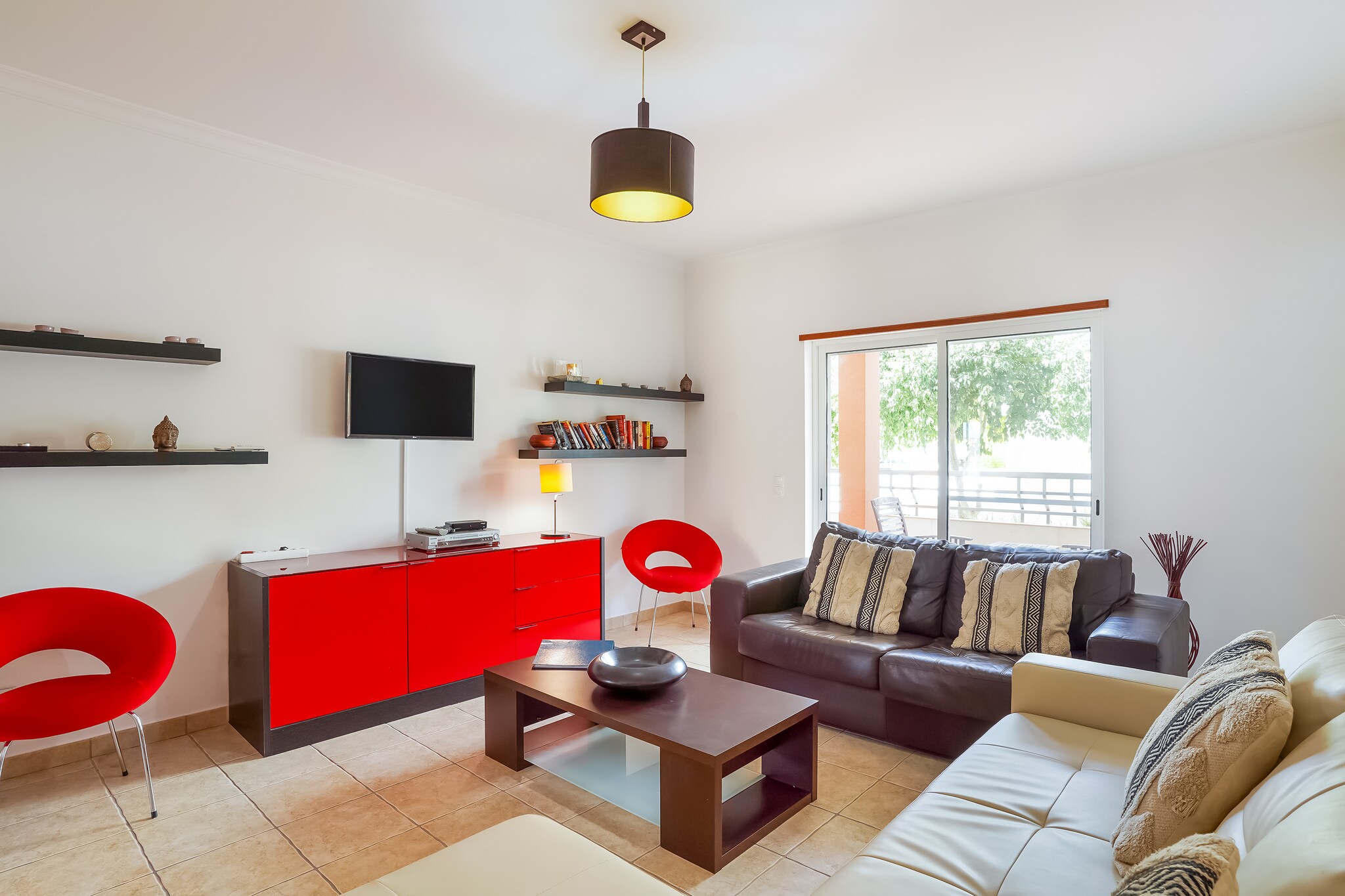 Ground floor: (Living room(single sofa bed, TV, DVD player, CD player), Large kitchen(cooker, coffee machine, oven, microwave, dishwasher, fridge-freezer), bedroom(double bed), bedroom(2x single bed, TV, DVD player), bathroom(bathtub with shower, toilet), washing machine, air conditioning, terrace)\n\ngarden furniture, BBQ, parking, swimming pool(shared with other guests, including separate children’s swimming pool (depth 50cm), 10 x  5 m.), play equipment