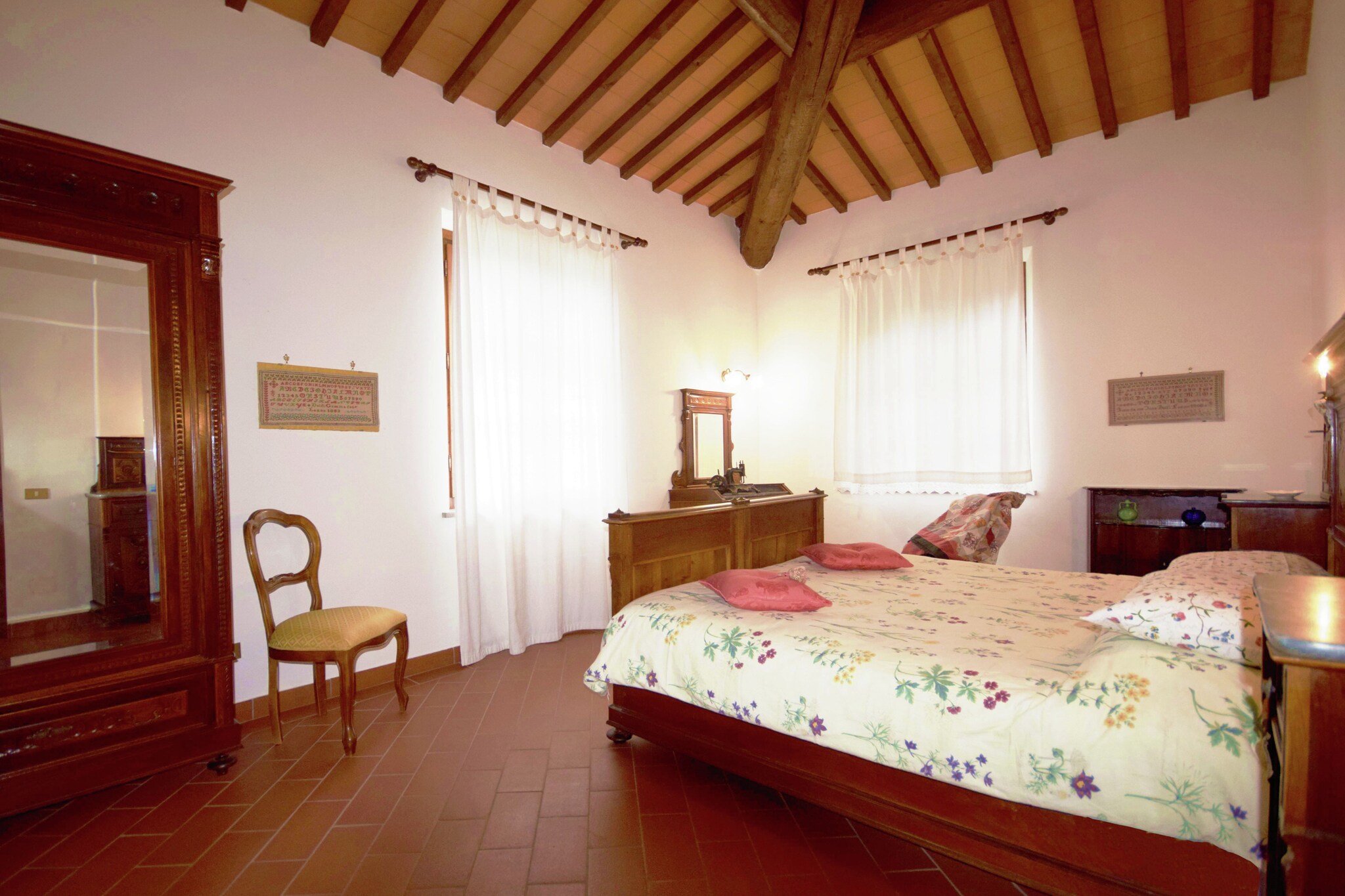 On the 1st floor: (Entrance(acces via outside stairway), open kitchen(hob, electric kettle, cooker, hood, coffee machine, espresso machine, oven, dishwasher, fridge-freezer), Living/diningroom(double sofa bed, TV(dutch television channels, international television channels), dining table, air conditioning), bedroom(double bed, air conditioning), Bedroom with bathroom(double bed, shower, toilet, air conditioning), bathroom(shower, washbasin, toilet, bidet), mezzanine(double bed, air conditioning), children\'s bed, high chair)\n\nrelaxation area(shared with other guests, on the same premises)(TV(international television channels, no dutch television channels), fireplace), dining table, Bubble bath(shared with other guests), washing machine(shared with other guests, paid), terrace(private), terrace(shared with other guests), garden(shared with other guests), garden furniture, BBQ(shared with other guests), parasol, swimming pool(shared with other guests, 15 x 7 m., opened from May upto and including 1/2 Oct), play equipment(shared with other guests), slide(shared with other guests), table tennis table(shared with other guests), football goal, bicycles available, hammock, awning