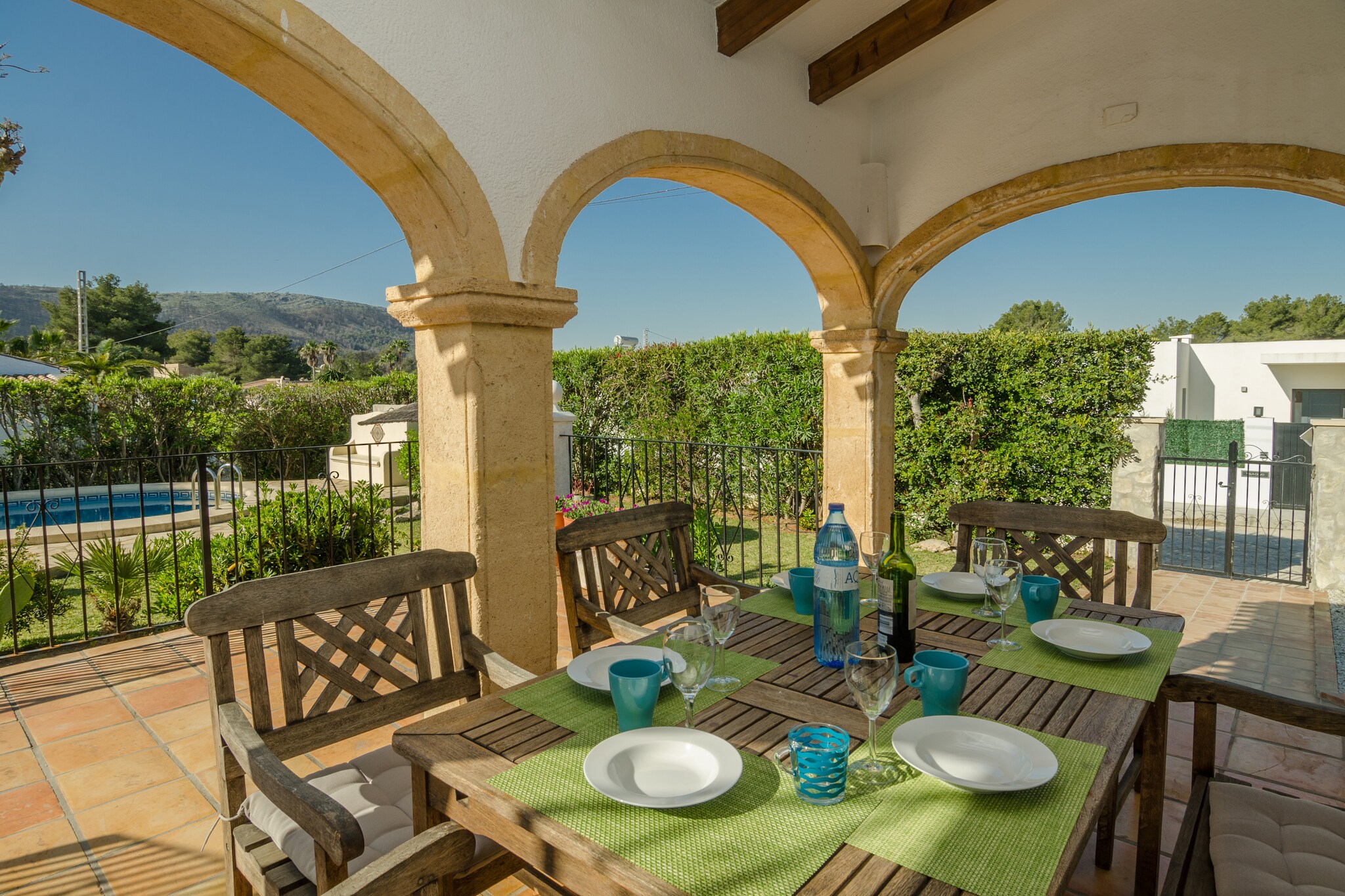 Ground floor: (Living room(TV, seating area), Kitchen(cooker, coffee machine, oven, microwave, dishwasher, fridge-freezer), bedroom(double bed, air conditioning), bedroom(2x single bed), bathroom(shower, toilet), terrace(roofed))\n\nOn the 1st floor: (Bedroom with bathroom(reachable from the outside)(double bed, hip bath, shower, toilet, balcony, air conditioning))\n\noutdoor kitchen, shower(outside), washing machine, balcony or terrace, air conditioning, terrace, garden(fenced), garden furniture, BBQ, swimming pool(private), children\'s bed