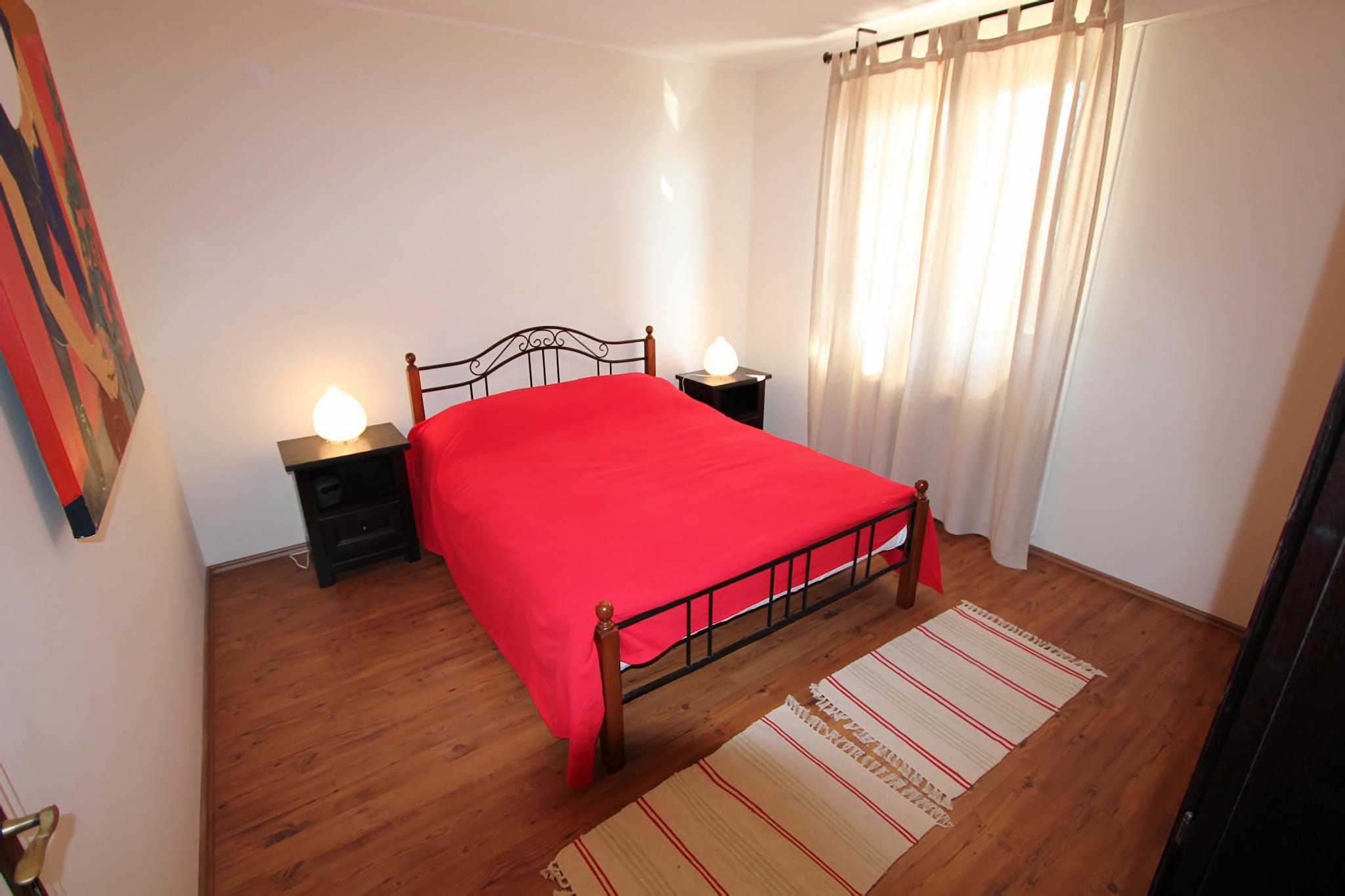 Ground floor: (Living room(double sofa bed, TV(satellite), CD player, terrace), Kitchen(cooker(4 ring stoves), coffee machine, oven, dishwasher, fridge), bedroom(double bed), bedroom(double bed), bathroom(bathtub with shower, washbasin, toilet, washing machine))