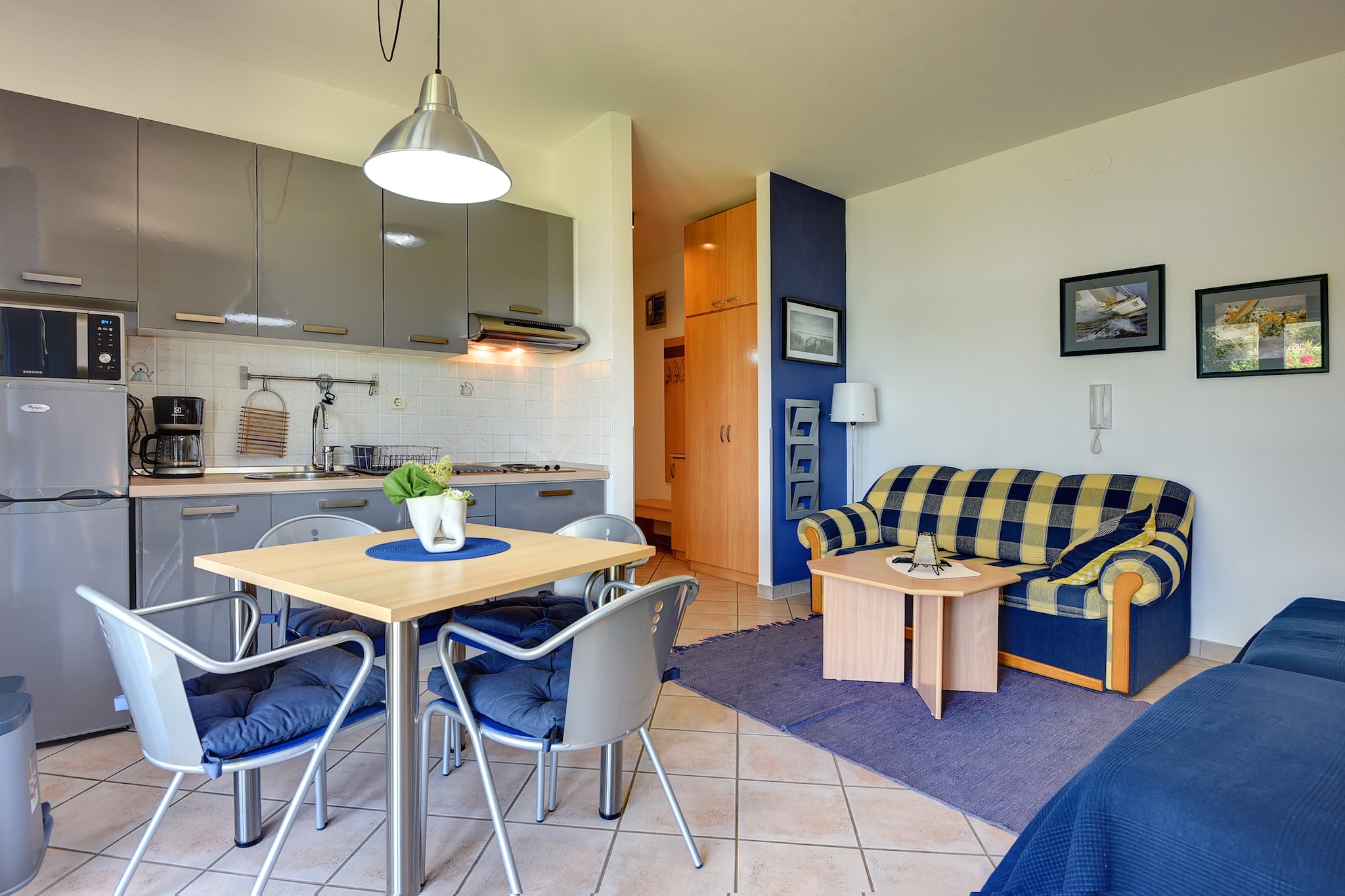 Ground floor: (Living/bed room(single sofa bed, double bed, TV(satellite), cooker(2 ring stoves), coffee machine, fridge-freezer, air conditioning), bathroom(shower, washbasin, toilet), terrace)\n\ngarden furniture
