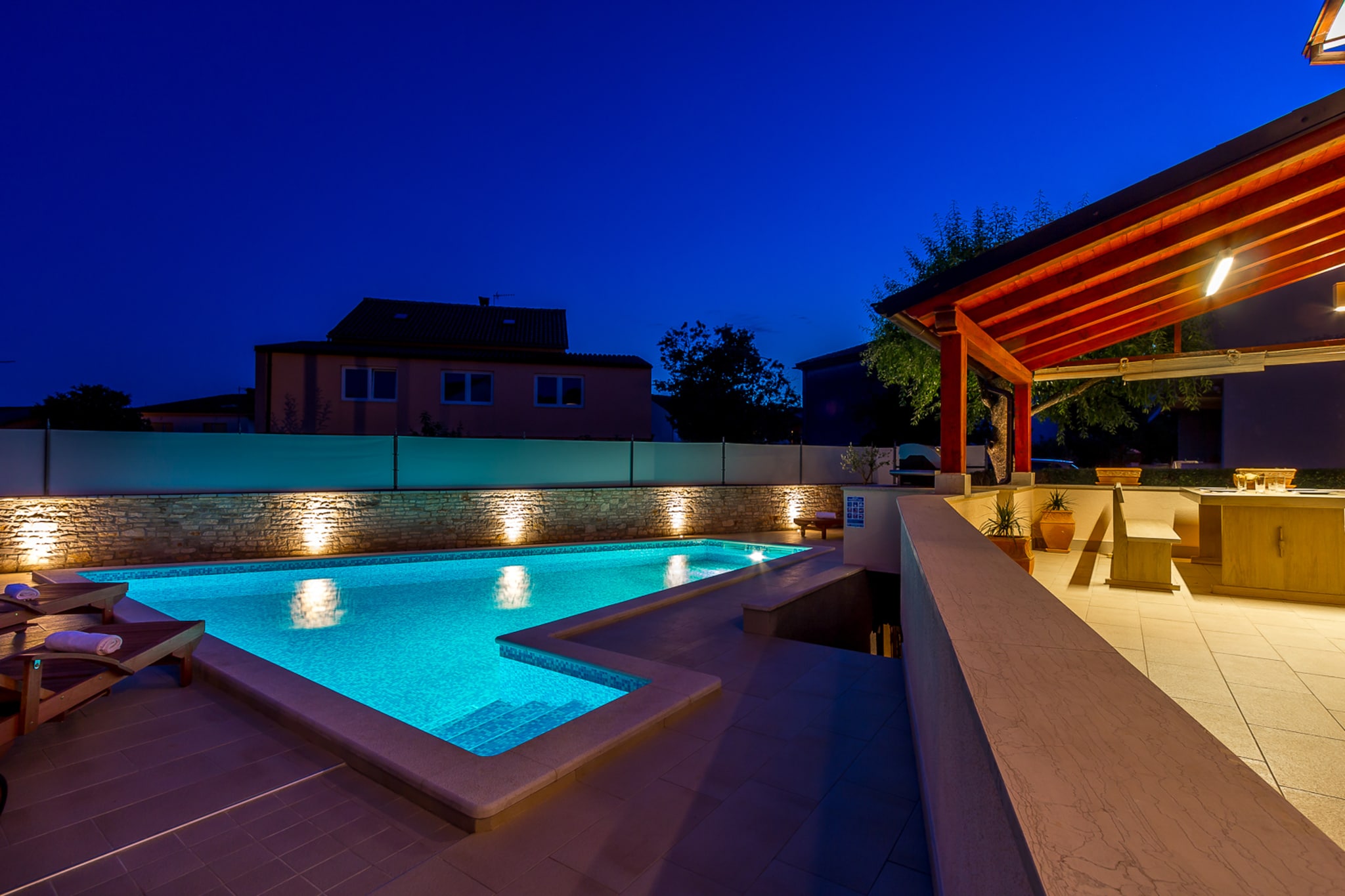 This comfortable holiday home is located in Pula and has 3 bedrooms. It is ideal for a holiday with family or friends. Relax on the sun terrace with swimming pool and sun loungers or enjoying a summer meal on the covered, furnished terrace with barbecue. The nearest beach is just minutes away.
Â
Groceries are only 1 km away from the accommodation.1 km away are several restaurants. But in the center of Pula at 2 km are plenty of good restaurants and cafés.
Â
On the ground floor are the living room with air conditioning and kitchen. On the first floor are 3 bedrooms and 2 bathrooms. At the front of the house is a lawn with soccer goals that you can use. There are playground and a ping-pong and pool table.
Â
Public transport stops 200 m from the house. The nearest train station is 4 km away.