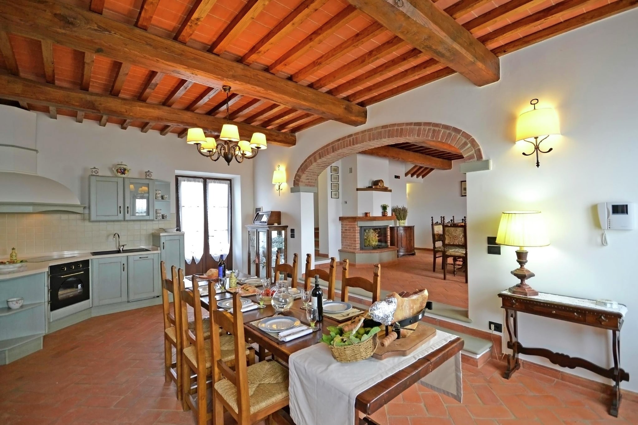 Ground floor: (Living room(TV(satellite), fireplace), Large kitchen(coffee machine, oven, microwave, dishwasher, fridge-freezer), Large kitchen(coffee machine, oven, microwave, dishwasher, fridge-freezer), Living/diningroom(TV(satellite), fireplace), bedroom(single bed), bedroom(bunk bed), bedroom(double bed), bedroom(double bed), bathroom(shower, washbasin, toilet, bidet), bathroom(shower, washbasin, toilet, bidet))\n\nOn the 1st floor: (bedroom(double bed), bathroom(bath tub, shower, washbasin, toilet, bidet))\n\nBasement: (Living room(TV(satellite)), open kitchen(coffee machine, oven, microwave, dishwasher, fridge-freezer), bedroom(double bed), bedroom(2x single bed), bathroom(shower, washbasin, toilet, bidet), bathroom(toilet))\n\nwashing room(tumble dryer, washing machine), heating, air conditioning, garden(300 m2), garden furniture, BBQ, swimming pool(private, 12 x  6 m., opened from 1/2 May upto and including Sep)