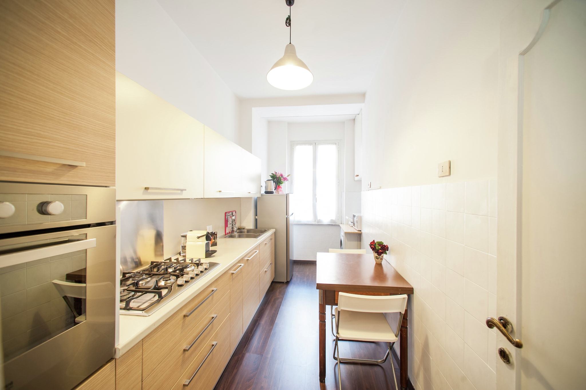 On the 2nd floor: (Living room, dining room(TV), Kitchen(dining table, coffee machine, oven, microwave, fridge-freezer), bedroom(double bed), bedroom(single bed, double bed), bedroom(2x single bed), bathroom(bathtub with shower, shower, washbasin, toilet, bidet, washing machine))