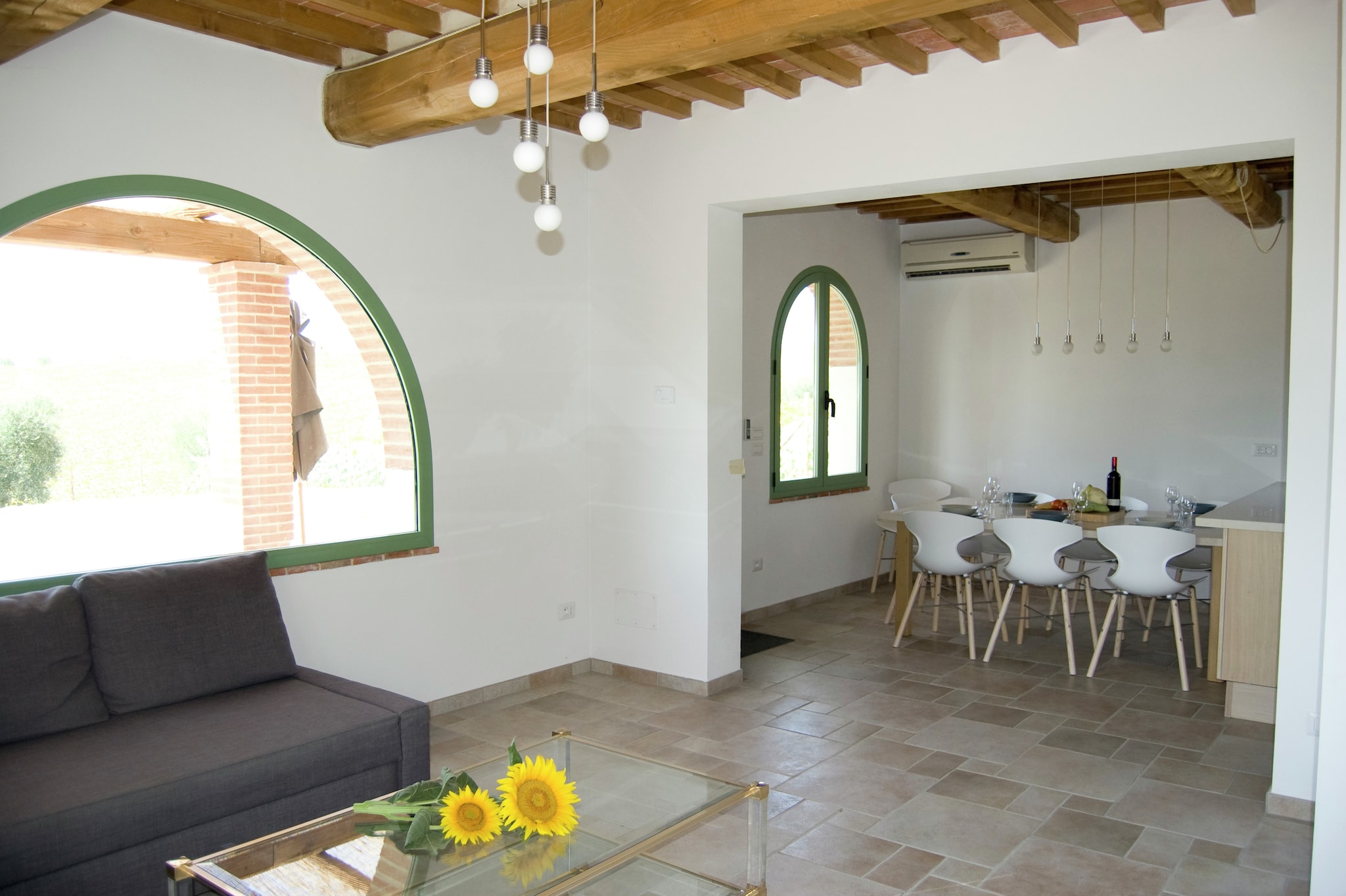 Ground floor: (Living room(seating area), Large kitchen(cooker(4 ring stoves), coffee machine, oven, microwave, dishwasher, washing machine), bedroom(double bed), bedroom(2x bunk bed), bedroom(double bed), bathroom(shower, washbasin), bathroom(shower, washbasin), bathroom(shower, washbasin), bathroom(shower, toilet), toilet(toilet), air conditioning, terrace, children\'s bed)\n\ngarden, garden furniture, sun loungers, BBQ, swimming pool(private, including part for children (depth 50cm), 11 x 6 m., opened from May upto and including Oct)