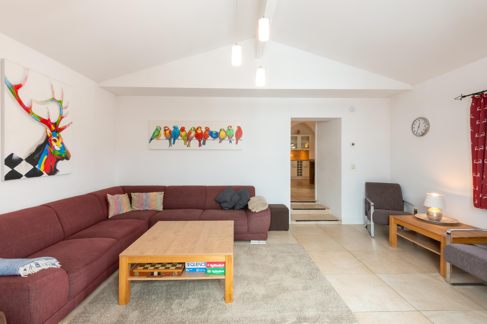 Ground floor: (Living room(TV, game computer, terrace), Kitchen(cooker(ceramic), oven, combination microwave, dishwasher, fridge-freezer), bedroom(double bed, double sofa bed, TV), bedroom(double bed, bunk bed), bedroom(double bed), Bedroom with bathroom(double bed, shower, 2x washbasin, toilet), bathroom(bath tub, shower, 2x washbasin, toilet), relaxation area(tumble dryer, shower, sauna, toilet, washing machine))\n\nski storage, carport, heating(floor heating), garden, parking