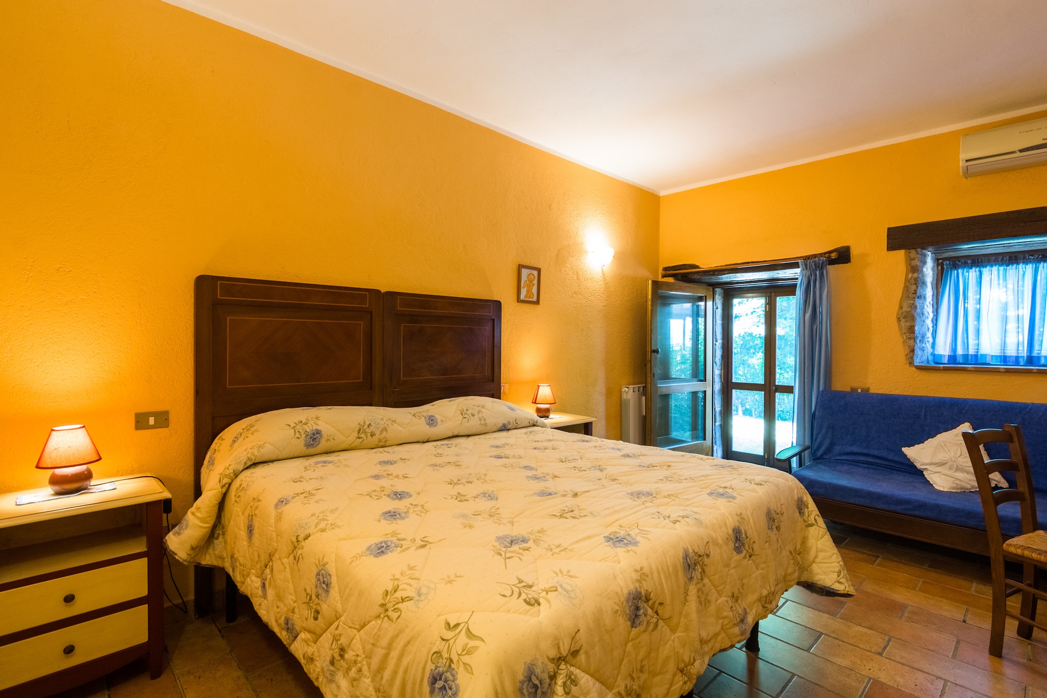 Ground floor: (open kitchen(double sofa bed, TV, dining table, coffee machine, microwave, fridge-freezer), Bedroom with bathroom(double bed, shower, washbasin, toilet, bidet))\n\nterrace(shared with other guests, 55 m2), garden(shared with other guests, 500 m2), garden furniture, BBQ, parking, trampoline, swimming pool(shared with other guests, 12 x 6 m., opened from Jun upto and including 1/2 Sep), slide, table tennis table