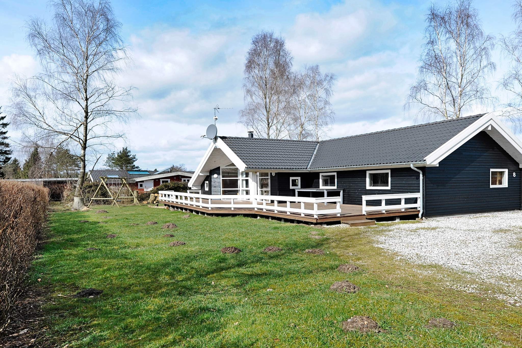 open kitchen(cooker(electric), hood, coffee machine, microwave, dishwasher, fridge-freezer, tumble dryer, washing machine), Living/bed room(40 m2)(double folding bed, TV(danish TV channels (DR1 and TV2)), high chair, chromecast), bedroom(double bed, children\'s bed), bedroom(double bed), bedroom(2x bunk bed), bedroom(2x bunk bed), bathroom(floor heating)(bathtub or shower, washbasin, toilet), bathroom(floor heating)(bathtub or shower, washbasin, toilet), Bubble bath(indoor, heated, 2 persons), sauna(indoor, heated, 6 persons), heating(electric), terrace(35 m2), terrace(roofed, 11 m2), BBQ, swimming pool(shared with other guests, outside)