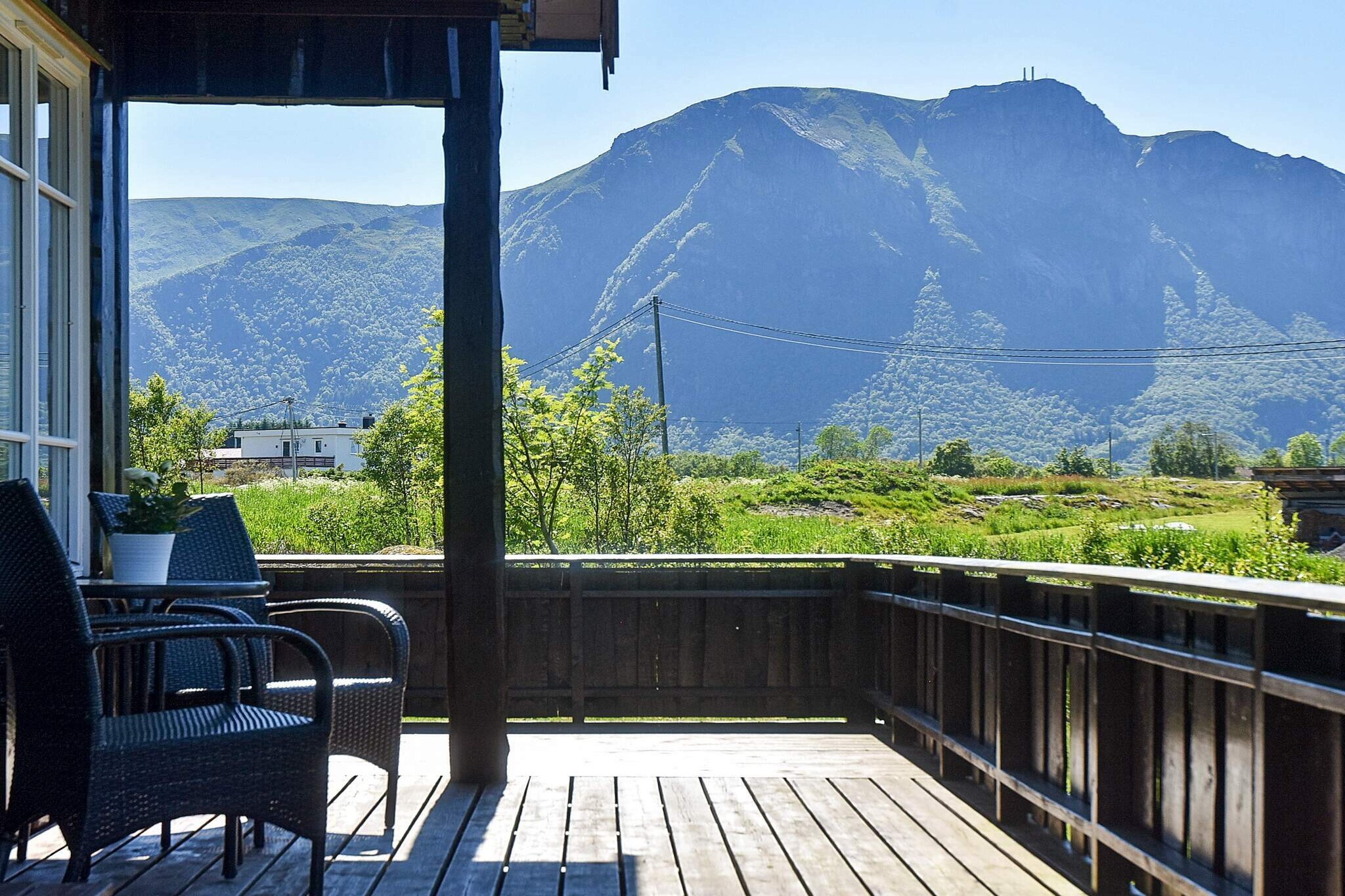 Internet Access DSL, open kitchen(cooker(electric), hood, coffee machine(filter), waffle iron, microwave, dishwasher, fridge, freezer(> 250L), washing machine, high chair), Living/bed room(37 m2)(TV(satellite, german television channels, norvegian TV channels ), fireplace, DVD player), bedroom(double bed, cot), bedroom(2x single bed), bedroom(2x single bed), bedroom(3x single bed), bathroom(floor heating)(washbasin, shower, toilet), bathroom(washbasin, toilet), heating(electric), terrace(40 m2), garden furniture, BBQ, parking, play equipment, fish cleaning table, air to air heatpump