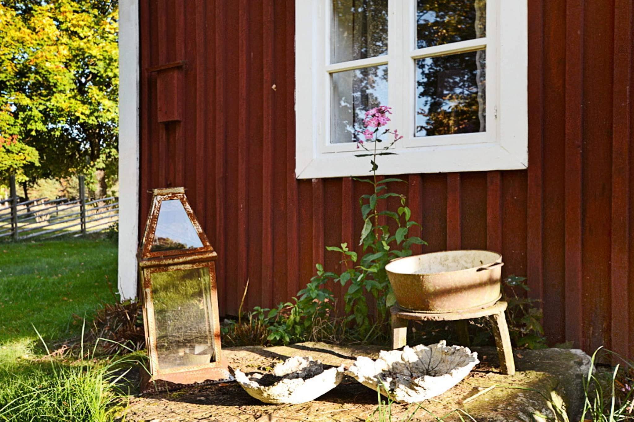 open kitchen(electric heating, 10 m2)(wood cooker, cooker(electric), hood, coffee machine, microwave, fridge(+ freezer), freezer(140-199L), high chair), Living/bed room(36 m2)(TV(swedish TV channels), radio, CD player), bedroom(28 m2)(double bed, cot), bedroom(13 m2)(2x single bed), bedroom(9 m2)(single bed), bathroom(bathtub or shower, washbasin, toilet, washing machine, water from well), heating(electric), courtyard(15 m2)(garden furniture, BBQ)