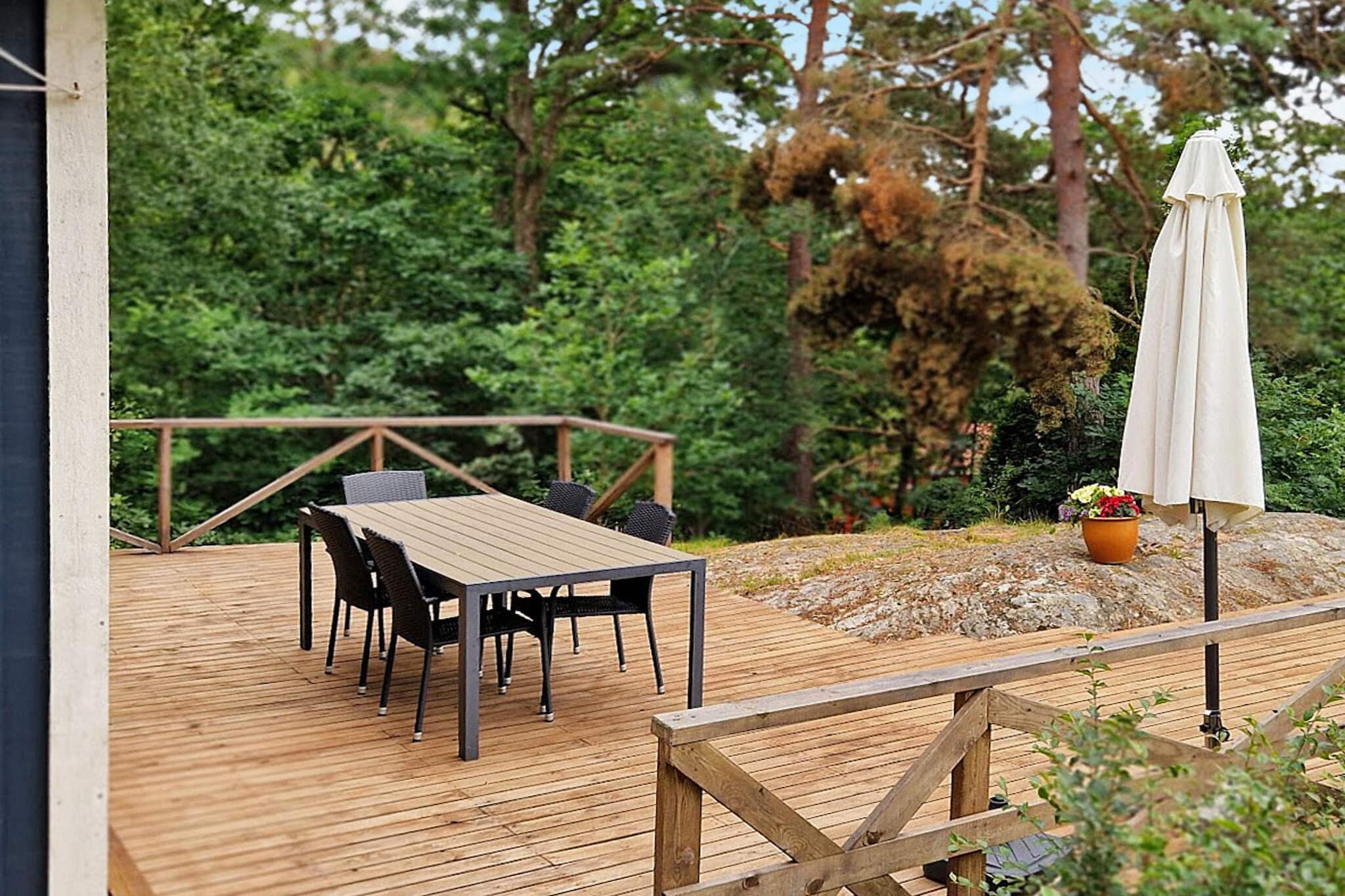 Internet Access DSL, Living room(20 m2)(single bed, 2x double bed), open kitchen(cooker(electric), coffee machine, microwave, dishwasher, fridge-freezer, high chair), Living/bed room(30 m2)(TV(swedish TV channels), DVD player, radio, CD player), bedroom(9 m2)(2x single bed), bathroom(floor heating)(tumble dryer, washbasin, shower, toilet, washing machine), heating(electric), terrace(40 m2)(garden furniture, BBQ), air to air heatpump