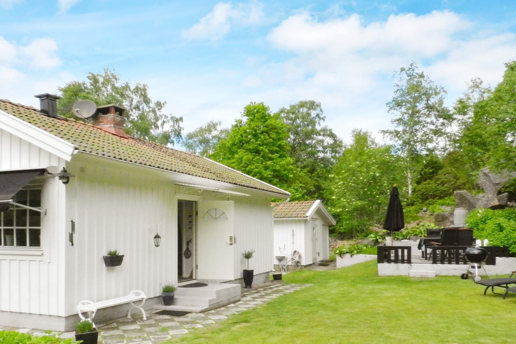 This idyllic holiday home has a stunning view of the fjord Brofjorden. The tastefully decorated cottage is set about 11 kilometres north of Lysekil, on the beautiful west coast of Sweden. It is set in a quiet, secluded area and surrounded by woodlands. In the main cottage, you will find a kitchen with the basic amenities, and a small kitchen table that seats five. The bedroom features a double bed. Please note that there's no door between the bedroom and the living room, but there's a curtain you can draw if you want privacy. The living room has a cosy wood-burning stove, a sofa bed for two, and a TV with 41 channels. If you want to, you can borrow a DVD-player and films from the landlord. The annex features a single bed and a bathroom (entrance from the outside), with an electric incinerating toilet, a washbasin, and an outdoor shower with hot and cold water. The wellwater is trinkable and has beeen tested. In the lovely garden, you will find herbal beds with herbs that you are welcome to use. There are also blueberries in the garden.  Why not try your hand at fishing, then use the outdoor grill to cook your fish with fresh herbs? There are several great bathing spots within a few minutes' drive from the cottage, Govik, KollerÃ¶d, and FiskebÃ¤cksvik, to mention a few. The beach at FiskebÃ¤cksvik has child-friendly, shallow water. It is not allowed to charge your electric car / hybrid car at the house. Lysekil is a beautiful and very popular summer town, offering an array of restaurants and activities, such as concerts, seal safaris, and the aquarium Havets Hus. The town is known for being one of northern Europe's best places for canoeing, diving, and fishing. It is the perfect base for those who wish to enjoy the beauty of the archipelago. Take a boat trip and admire the islands, or rent a kayak! There's also a beautiful promenade by the beach, from which you can enjoy the view. If you are interested in history, don't miss the ancient rock carvings on the cliffs of Brodalen!  History lovers will also enjoy the museum Vikarvet where you can learn about stone cutting and fishing in the area, as well as see the large collection of ships. You can also swim by the dock Trampen in the harbour. Golfers will enjoy the new 18-hole golf course in Holma. Another must-see is the beautiful StÃ¥ngehuvud with it's cliffs that have been naturally sculpted by the melting ice at the end of the last ice age. StÃ¥ngehuvud is an eight minute drive from Lysekil. Welcome to this great holiday home!