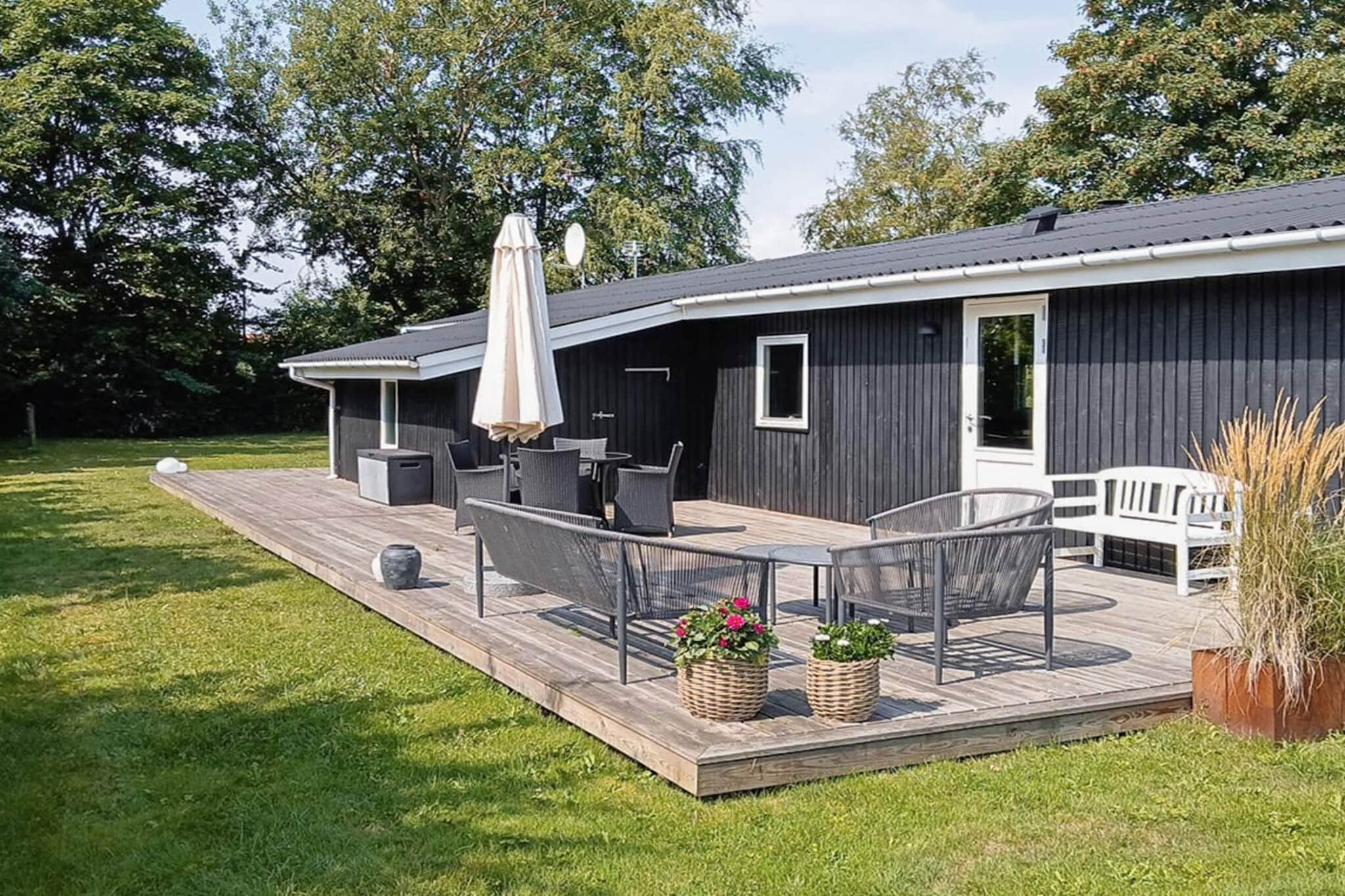open kitchen(cooker(electric), hood, coffee machine, microwave, dishwasher, fridge, freezer(60-99L), washing machine), Living/bed room(TV(satellite, german television channels, danish TV channels (DR1 and TV2)), DVD player, radio, CD player), bedroom(double bed), bedroom(2x single bed), bedroom(2x single bed), bathroom(washbasin, shower, toilet), game computer, bath tub(outside, 6 persons), heating(electric), terrace, terrace(roofed), garden furniture, air to air heatpump