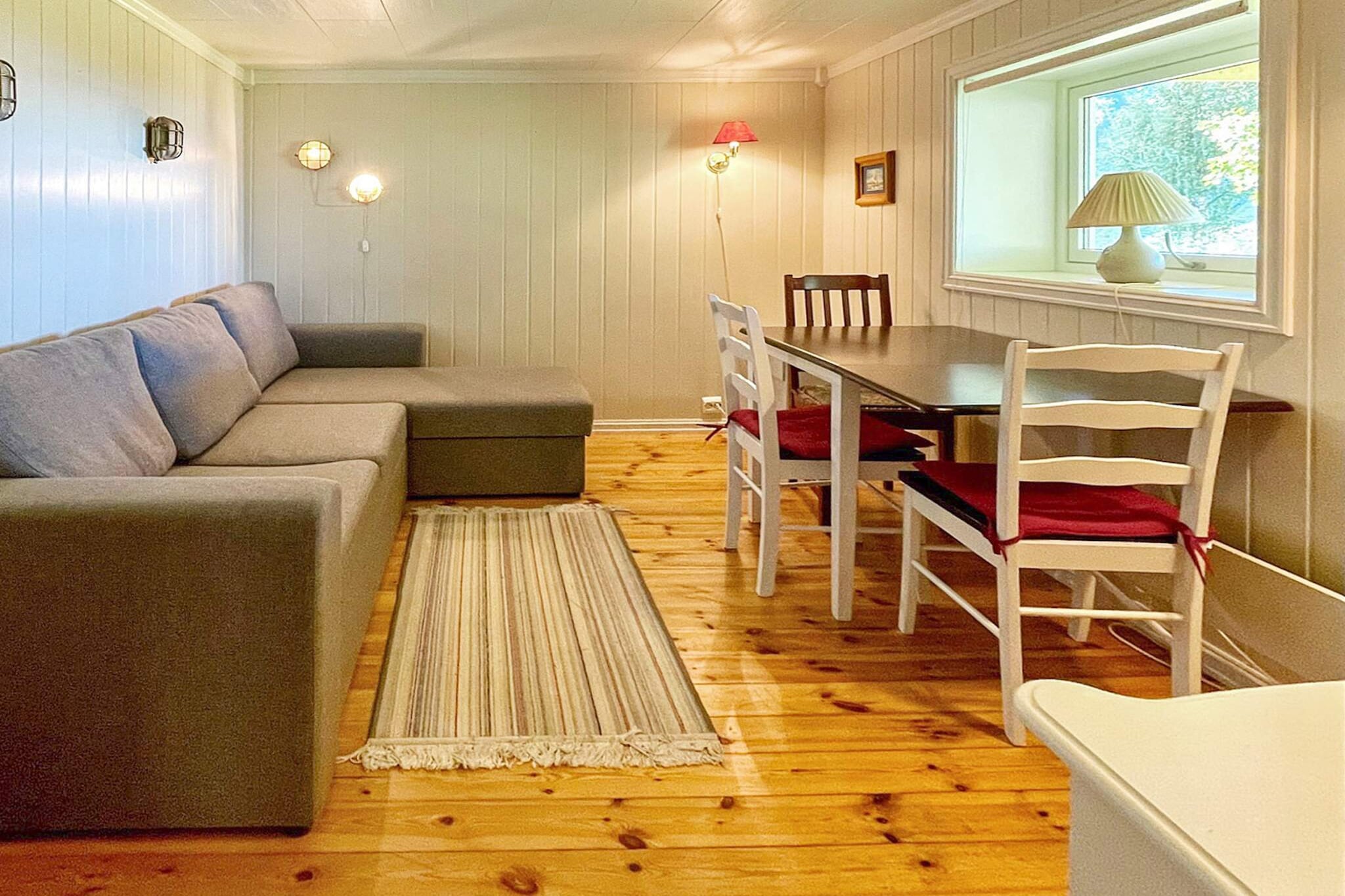 open kitchen(10 m2)(cooker(electric), hood, coffee machine(filter), waffle iron, microwave, dishwasher, fridge, freezer(200-249L), washing machine), Living/bed room(10 m2)(double folding bed, TV(satellite, norvegian TV channels ), DVD player, radio, stereo unit), bedroom(6 m2)(single bed, double bed), bathroom(washbasin, shower, toilet), heating(electric), terrace(12 m2), garden, garden furniture, BBQ