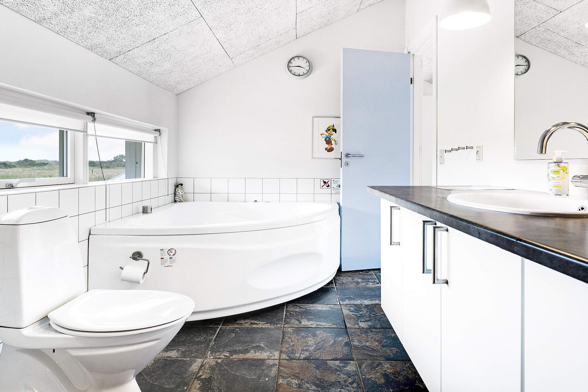 Annex: (single bed, TV(cable, german television channels, danish TV channels (DR1 and TV2)))\n\nAnnex: (2x single bed)\n\nopen kitchen(cooker(electric), hood, coffee machine, dishwasher, fridge-freezer, tumble dryer, washing machine), Living/bed room(TV(cable, german television channels, danish TV channels (DR1 and TV2)), DVD player, CD player, stereo unit), bedroom(double bed), bedroom(double bed), bathroom(bathtub or shower, washbasin, toilet), Bubble bath(indoor, heated, 2 persons), sauna(indoor, heated, 4 persons), heating(electric), terrace, BBQ, air to air heatpump