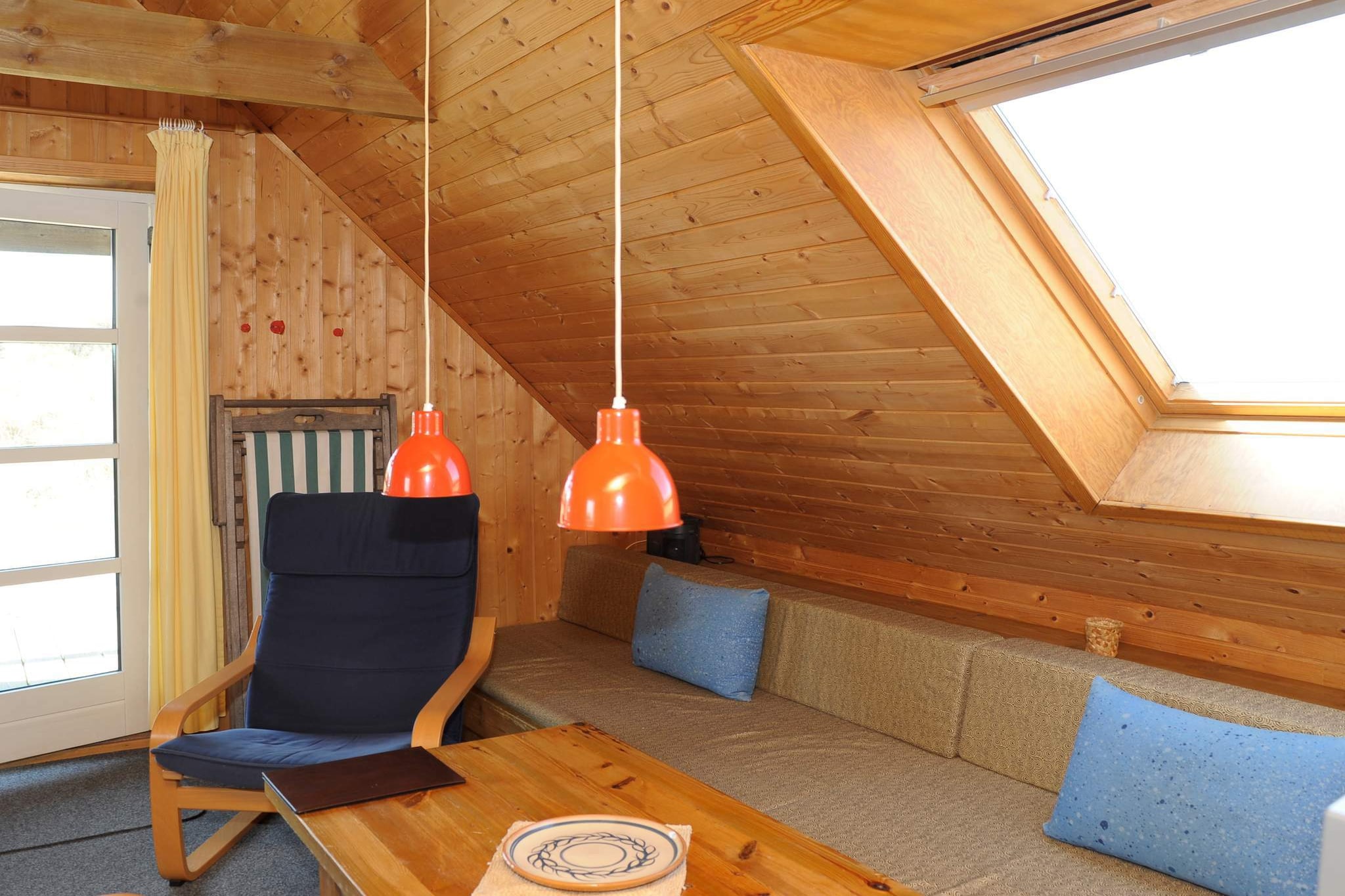 open kitchen(cooker(2 ring stoves), coffee machine, fridge-freezer), Living/bed room(electric heating)(TV(satellite)), bedroom(electric heating)(double bed), bedroom(electric heating)(2x single bed), bathroom(washbasin, shower, toilet), mezzanine(electric heating)(double folding bed), heating(electric), terrace(roofed), garden furniture, sun loungers