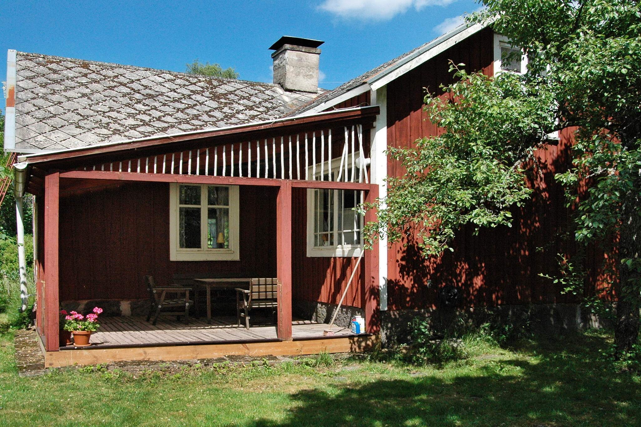 Kitchen(wood cooker, cooker(electric), hood, coffee machine, fridge-freezer, water from well), Living/bed room(stove(tiled)), bedroom(2x single bed), bedroom(3x single bed), bathroom(washbasin, shower(reachable from the outside), toilet), heating(electric), terrace(roofed, 10 m2)(garden furniture, BBQ), parking