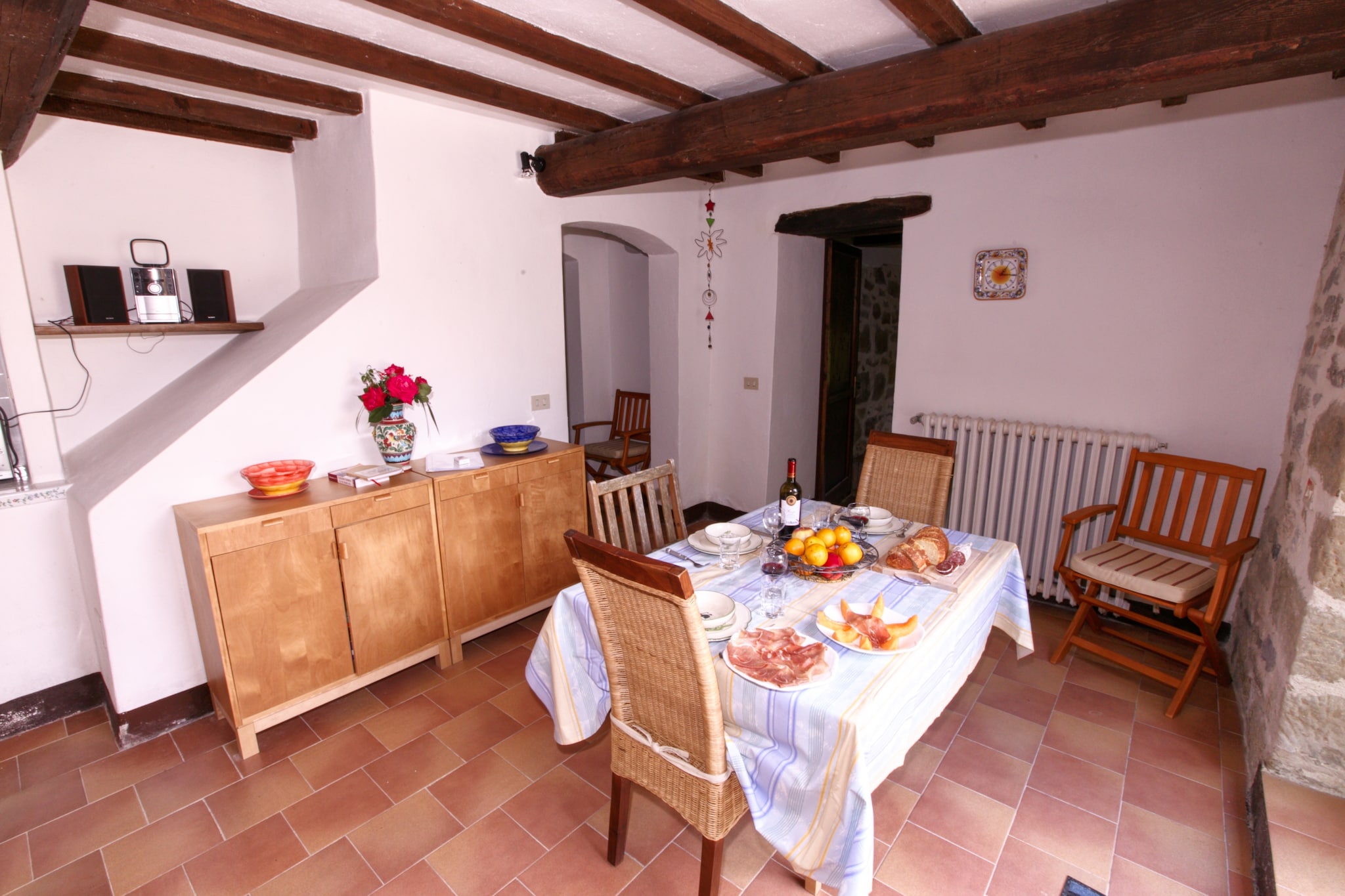 Ground floor: (Living room(double sofa bed, TV(satellite), fireplace), Large kitchen(coffee machine, oven, microwave, fridge-freezer), Bedroom with bathroom(double bed, shower, washbasin, toilet, bidet))\n\nheating, terrace(private), garden(shared with other guests, 2800 m2), garden furniture, sun loungers, BBQ, parking, deckchairs, parasol, swimming pool(shared with other guests, 12 x  6 m., opened from 1/2 May upto and including 1/2 Sep), children\'s bed, ironing board