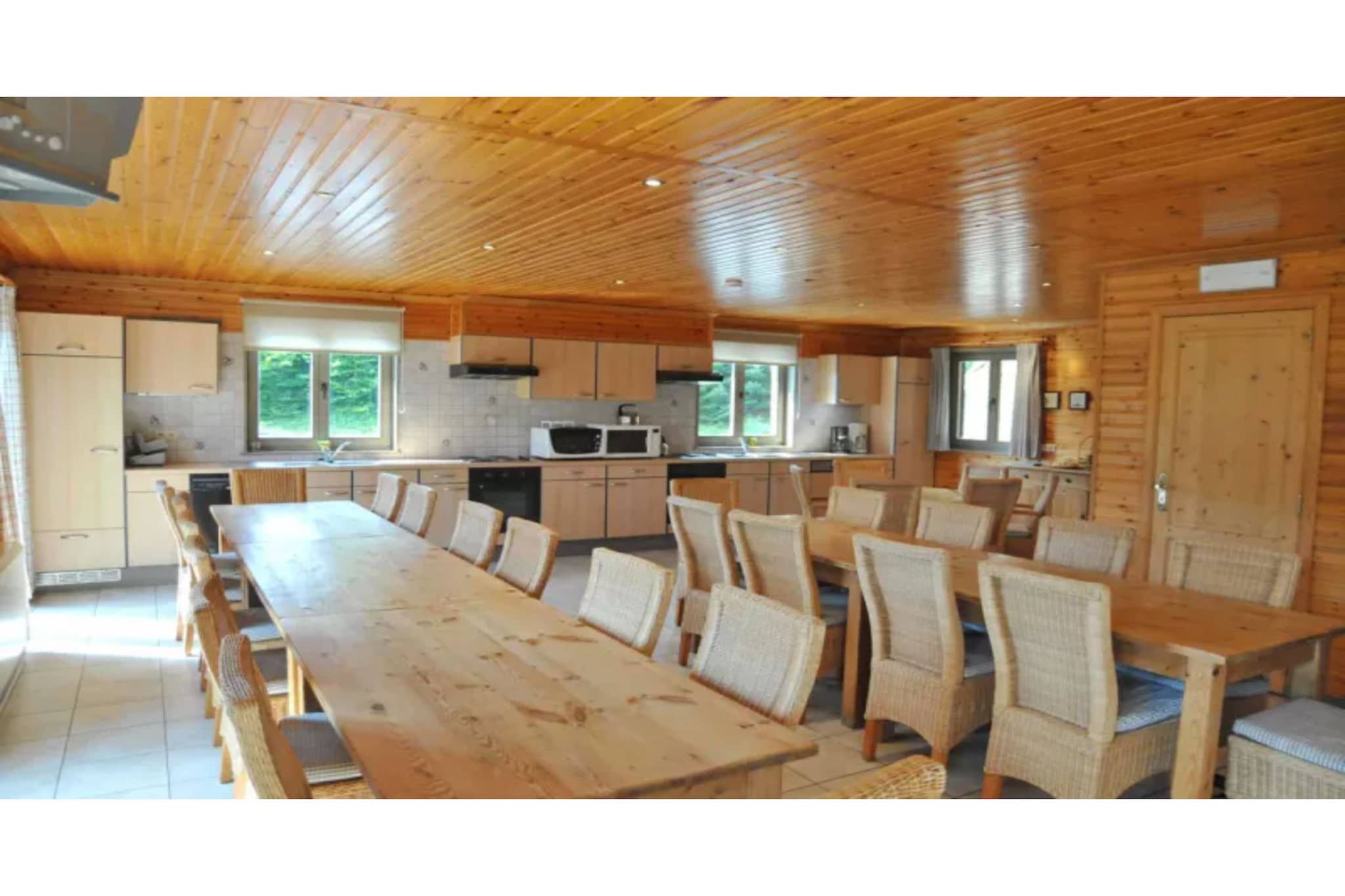 Ground floor: (Kitchen(cooker(electric), hood, 2x coffee machine, 2x oven, 2x microwave, 2x dishwasher, 2x fridge, freezer), Living/diningroom(2x double sofa bed, TV(cable, flatscreen), 2x dining table, fireplace, DVD player), toilet, sauna(shower, toilet), garage, table football, billiards)\n\nOn the 1st floor: (bedroom(double bed, shower, washbasin), bedroom(double bed, shower, washbasin), bedroom(2x single bed, shower, washbasin), bedroom(2x single bed, shower, washbasin), bedroom(2x single bed, shower, washbasin), bedroom(2x single bed, shower, washbasin), toilet, toilet, terrace)\n\nOn the 2nd floor: (bedroom(2x single bed), bedroom(2x single bed), bedroom(2x single bed), bedroom(2x single bed), bedroom(2x bunk bed), bedroom(bunk bed), bathroom(bath tub, 2x washbasin), bathroom(bath tub, 2x washbasin), toilet, toilet)\n\nheating(electric), terrace, garden furniture, BBQ, play equipment