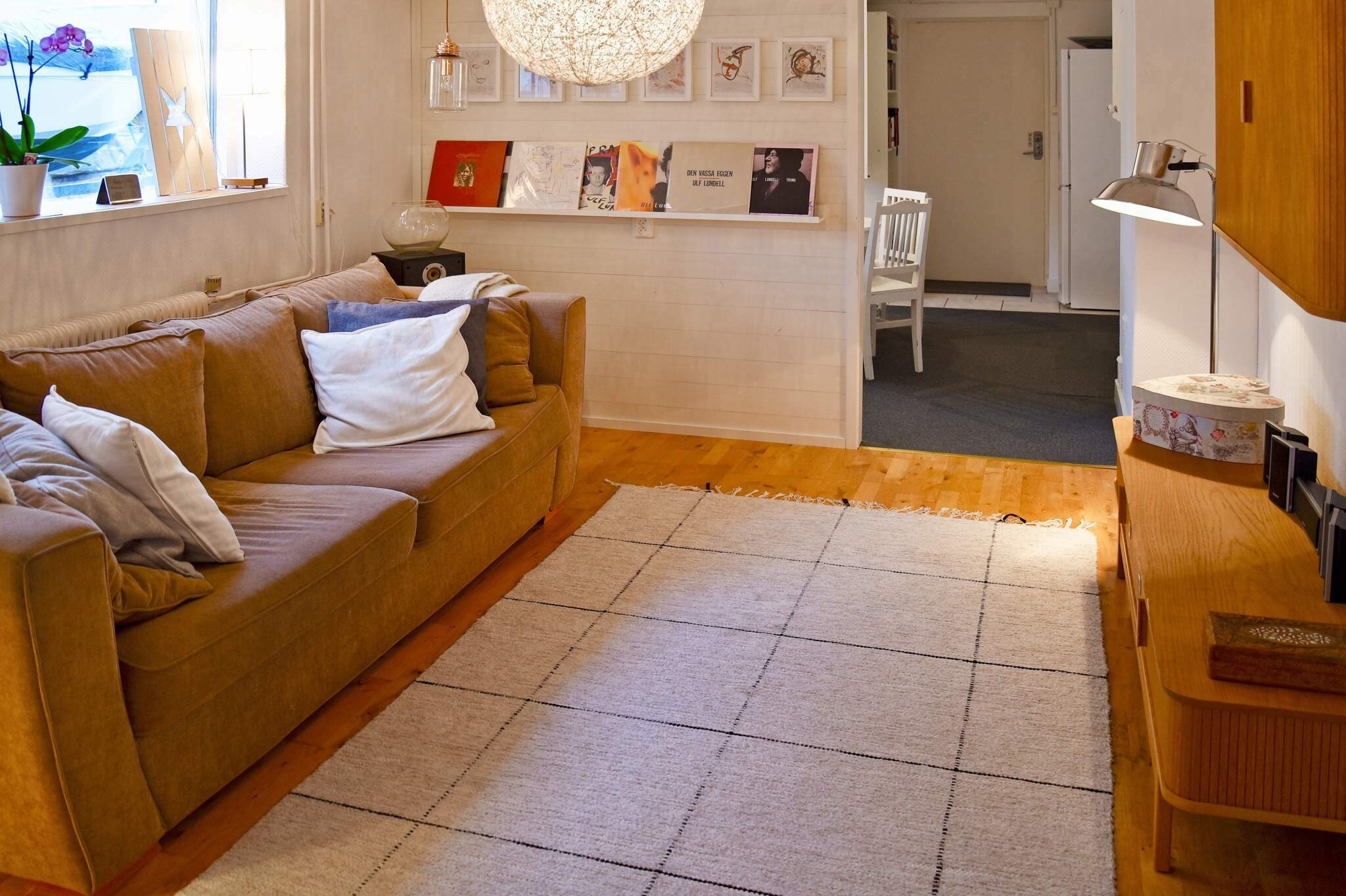 pantry(cooker(2 ring stoves), coffee machine, oven, microwave, fridge-freezer), Living/bed room(double folding bed, TV(swedish TV channels), DVD player, radio, CD player), bedroom(double bed), bathroom(floor heating)(washbasin, shower, toilet), heating(electric), garden, garden furniture, BBQ, air to water heatpump