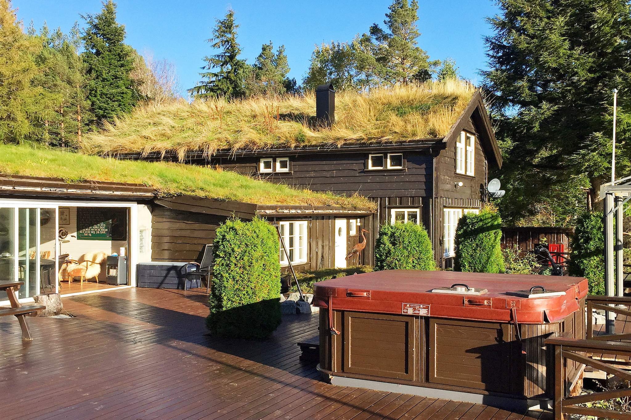 Internet Access DSL, open kitchen(cooker(electric), hood, coffee machine(filter), dishwasher, fridge, washing machine), Living/bed room(115 m2)(TV(satellite, german television channels, norvegian TV channels ), CD player, stereo unit), Living/bed room, bedroom(14 m2)(double bed, cot, high chair), bedroom(5 m2)(2x single bed), bedroom(16 m2)(double bed), bedroom(6 m2)(2x single bed), bedroom(12 m2)(double bed), bedroom(10 m2)(2x single bed), bathroom(floor heating)(washbasin, shower, toilet), bathroom(floor heating)(washbasin, shower, toilet), bathroom(floor heating)(washbasin, shower, toilet), freezer(140-199L), tumble dryer, Bubble bath(outside, 4 persons), sauna(indoor, heated, 6 persons), heating(electric), terrace(150 m2), garden, garden furniture, BBQ, fish cleaning table, air to air heatpump, outdoor fireplace