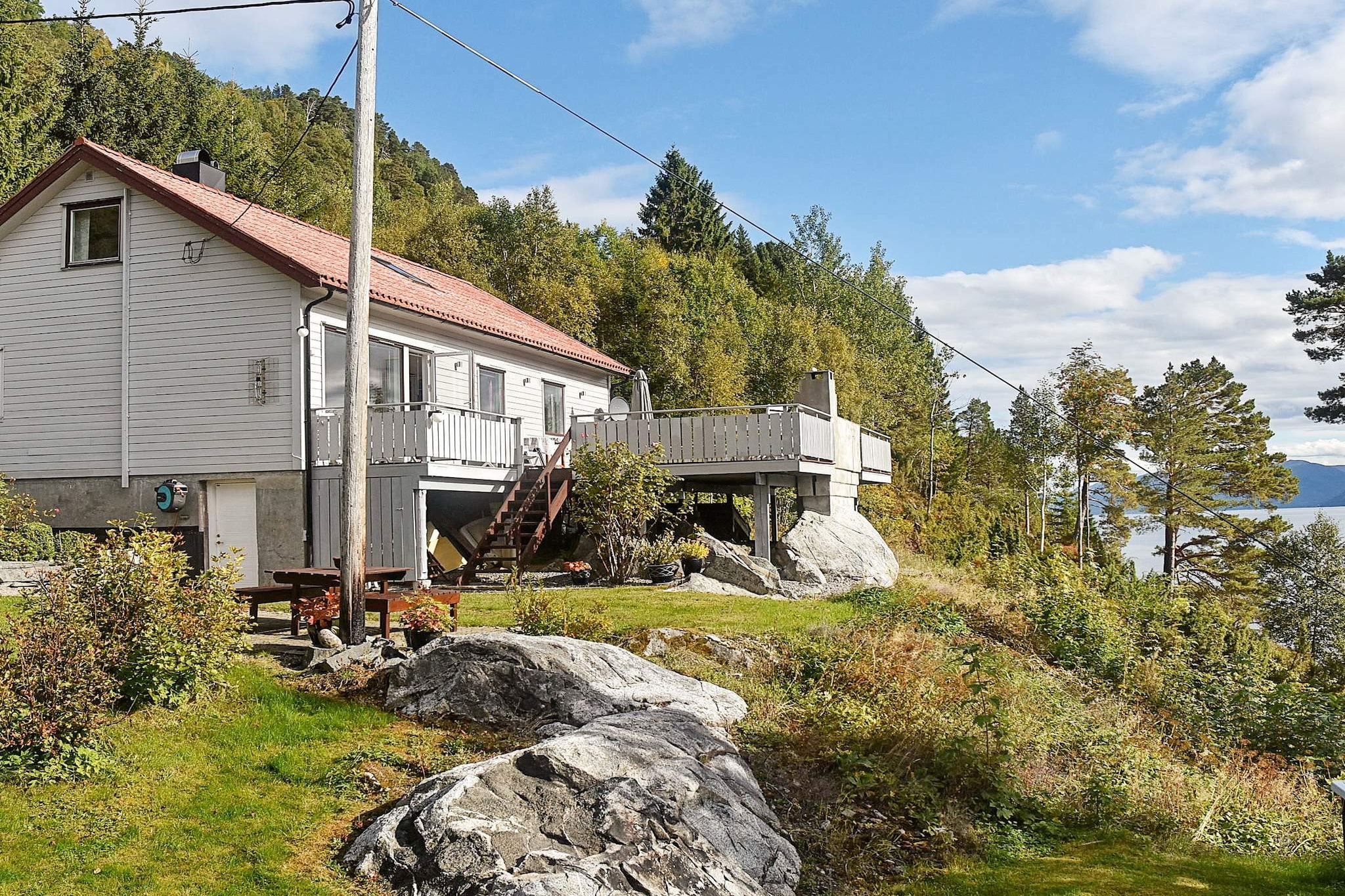 A well-equipped holiday home with a wonderful location by a fjord, 37 km outside of Molde. Lush and sheltered garden with a large yard and fruit trees. Access to a 1,5 km long shore line where you can fish. There is a spot with shallow water where you can go swimming only 500 metres away. Go for a walk along the sea where you can spot whales every day! If you rent two weeks or more: The owner offers a free tour of an old farm plus free cakes and coffee. The house has been renovated and upgraded frequently - in 2016 the whole interior of the house was painted in bright colours. Comfortable furnishing. A south-facing balcony of 70 m² offers a wonderful fjord view, an outdoor fireplace and grill. There is a built-in terrace with a heat lamp on the other side. When the weather gets hot in the summer, the heat pump can be set to cool. High speed interntet 100 Mbits.  Satellite dish with international channels. Several beds for children, like a cot and an extra 170 cm long bed. Steep staircase to 1st floor. The rocks below the house are slippery so watch your children.