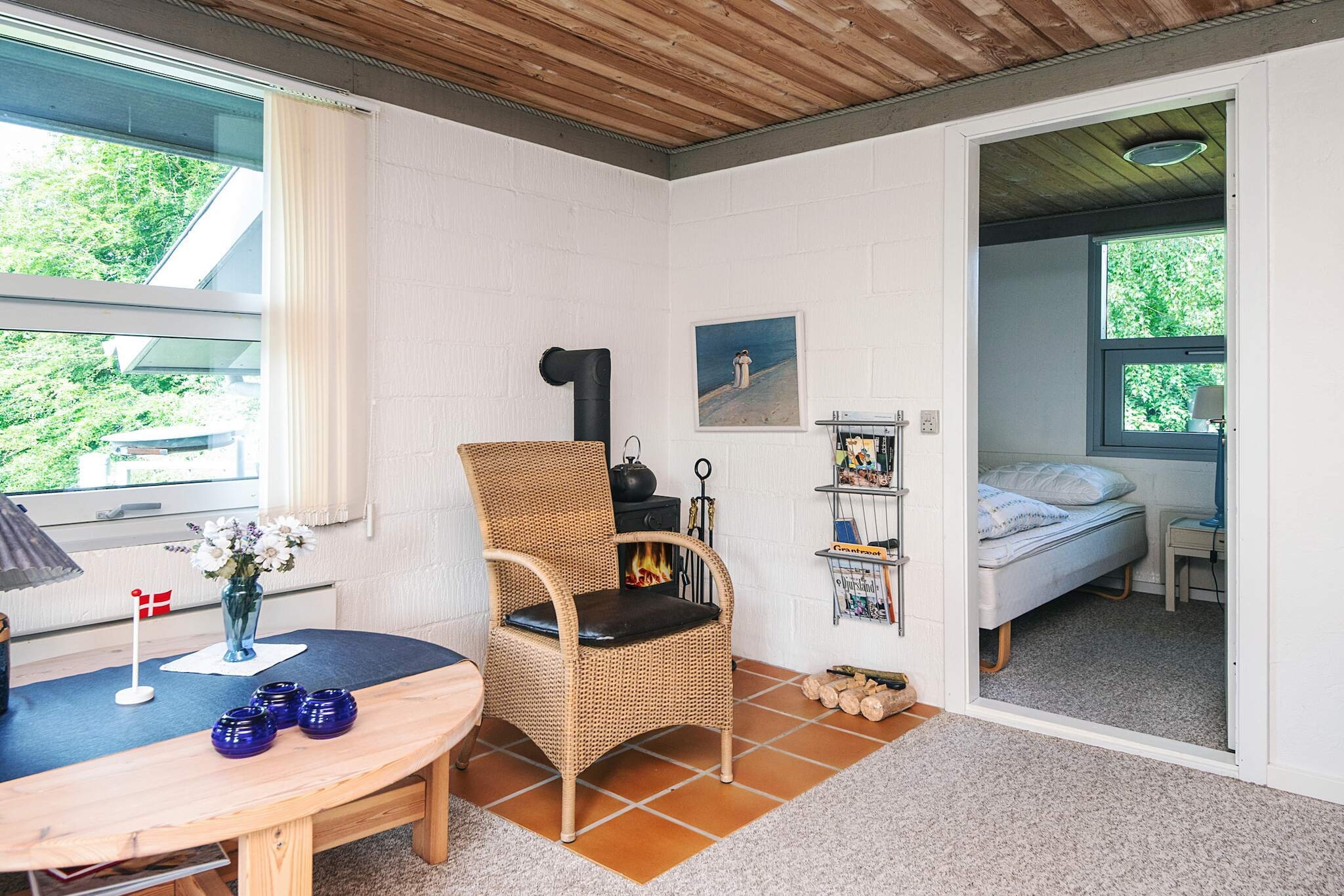 open kitchen(cooker(electric), hood, coffee machine, microwave, dishwasher, fridge-freezer), Living/bed room(TV(satellite), stereo unit), bedroom(single bed, double bed), bedroom(2x single bed), bedroom(2x bunk bed), bathroom(floor heating)(bathtub or shower, washbasin, toilet), heating(electric), terrace, garden furniture, BBQ