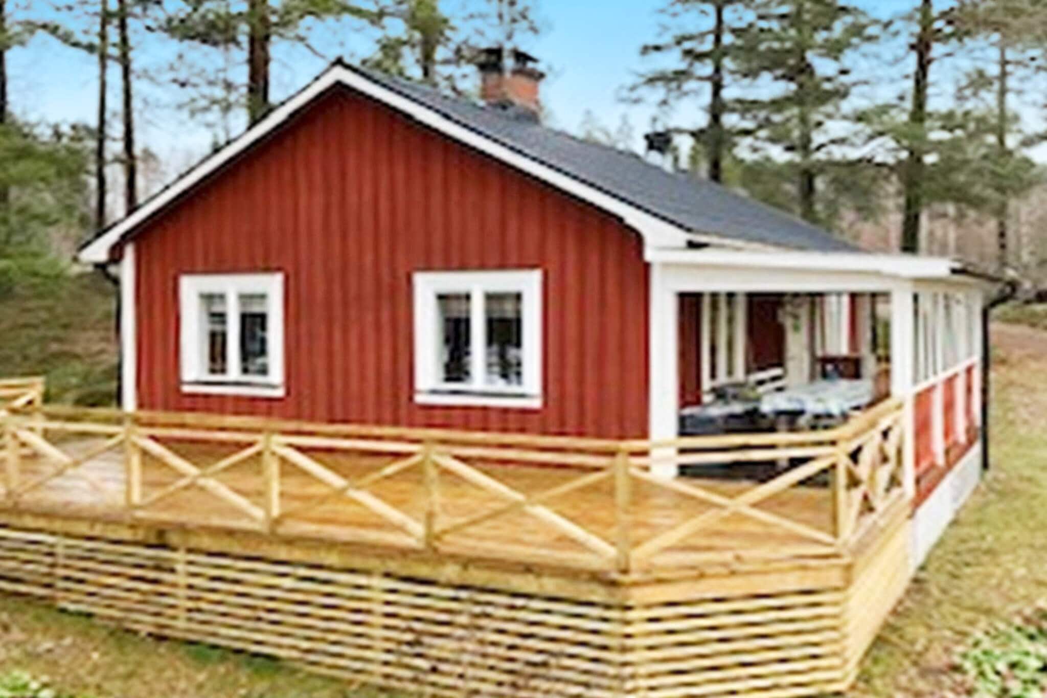 open kitchen(cooker(electric), hood, coffee machine, microwave, fridge-freezer, high chair, water from well), Living/bed room(TV(swedish TV channels), fireplace, DVD player, radio), bedroom(double bed), bedroom(single bed), bedroom(single bed), bathroom(washbasin, shower, toilet), heating(electric), terrace(roofed), garden furniture, BBQ