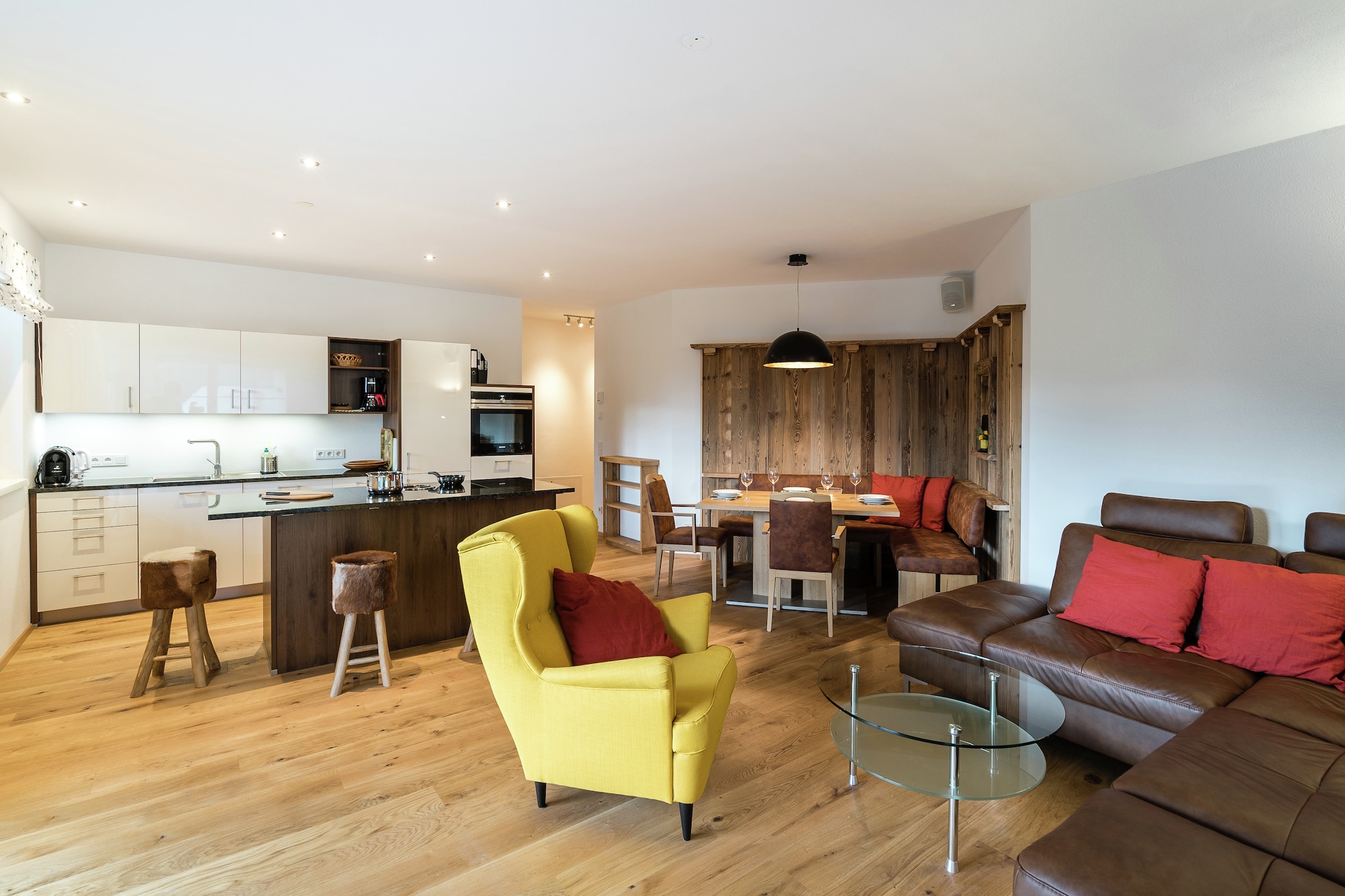 On the 1st floor: (hallway, Living room(TV, balcony), open kitchen(oven, dishwasher, fridge-freezer), bedroom(double bed, cooker, balcony), Bedroom with bathroom(double bed, TV, shower, washbasin, toilet), bathroom(bath tub, washbasin, toilet), relaxation area(shower, sauna(paid), toilet))\n\nBasement: (washing room(tumble dryer, washing machine(shared with other guests)), ski storage(ski boot heaters))\n\nheating(floor heating), terrace(34 m2), parking, parking, lift