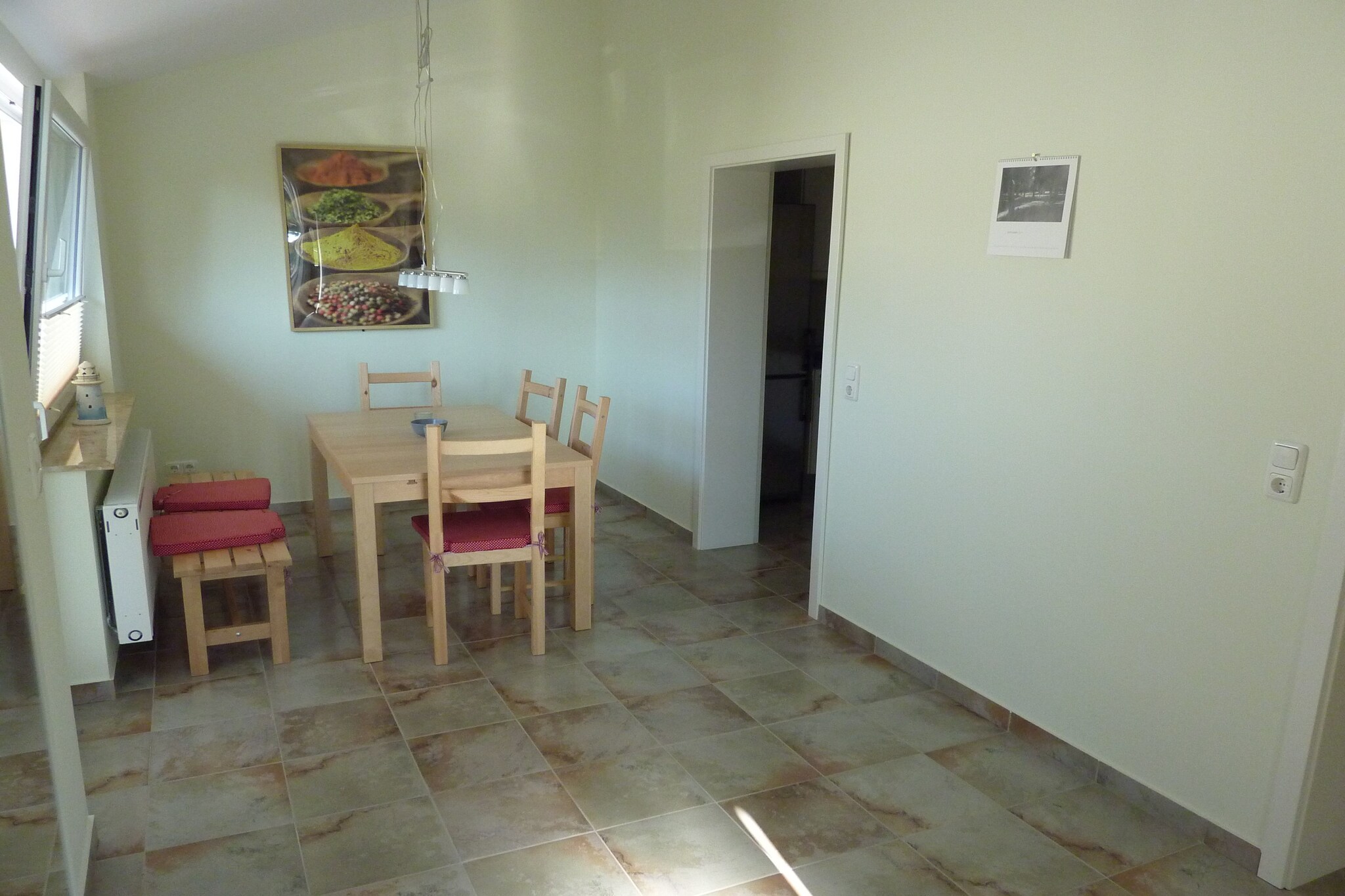 Ground floor: (hallway, dining room(dining table(6 persons)), open kitchen(electric kettle, cooker, coffee machine, oven, microwave, dishwasher, fridge-freezer), Living/bed room(double sofa bed, TV(flatscreen), seating area(5 persons), DVD player, radio, CD player), bathroom(shower, washbasin, toilet))\n\nOn the 1st floor: (bedroom(double king size bed(180 x 200 cm)), bedroom(2x single bed))\n\nwashing machine(paid), terrace, garden(fenced), bicycle storage, garden furniture, BBQ, parking, parasol