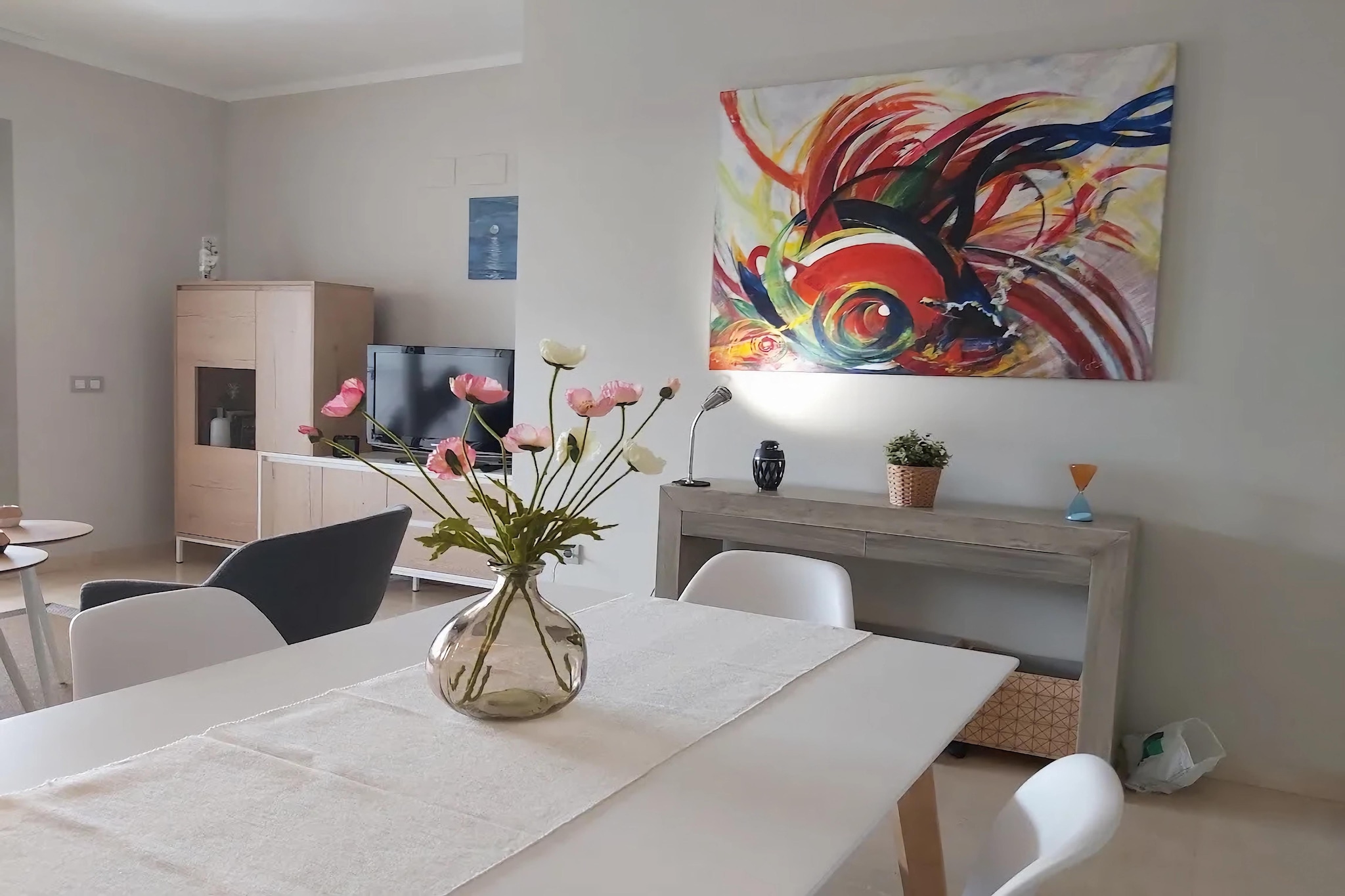 On the 2nd floor: (Kitchen(cooker(ceramic), hood, coffee machine, oven, microwave, dishwasher, washing machine), Living/diningroom(TV(international television channels), dining table, seating area, air conditioning), bedroom(2x single bed, air conditioning), Bedroom with bathroom(2x single bed, TV, bathtub with shower, washbasin, toilet, air conditioning), bathroom(shower(walk-in shower), washbasin, toilet), balcony)\n\nfitness room(shared with other guests), sauna(shared with other guests), garden(shared with other guests), garden furniture, sun loungers, parking, swimming pool(shared with other guests), play equipment, lift