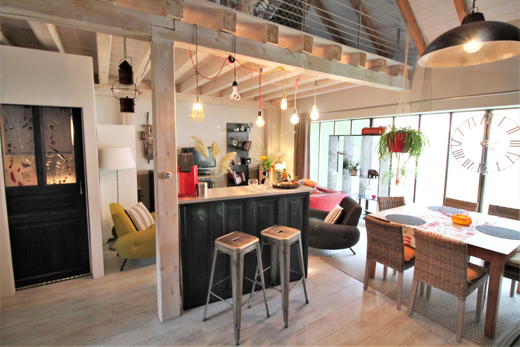 On the 1st floor: (bedroom(double bed(180 x 200 cm)), bedroom(double bed(160 x 200 cm)), Children\'s bedroom(single bed(90 x 200 cm)))\n\nKitchen, Living/diningroom(stove(wood), DVD player), bathroom(shower, washbasin), toilet, toilet, Landing(single bed), TV, coffee machine, oven, microwave, microwave, dishwasher, freezer, tumble dryer, cot, bathtub or shower, massage shower, washing machine, washing machine, terrace(private), garden(private, fenced), garden furniture, sun loungers, BBQ, parking, deckchairs, parasol, high chair, ironing board, party games