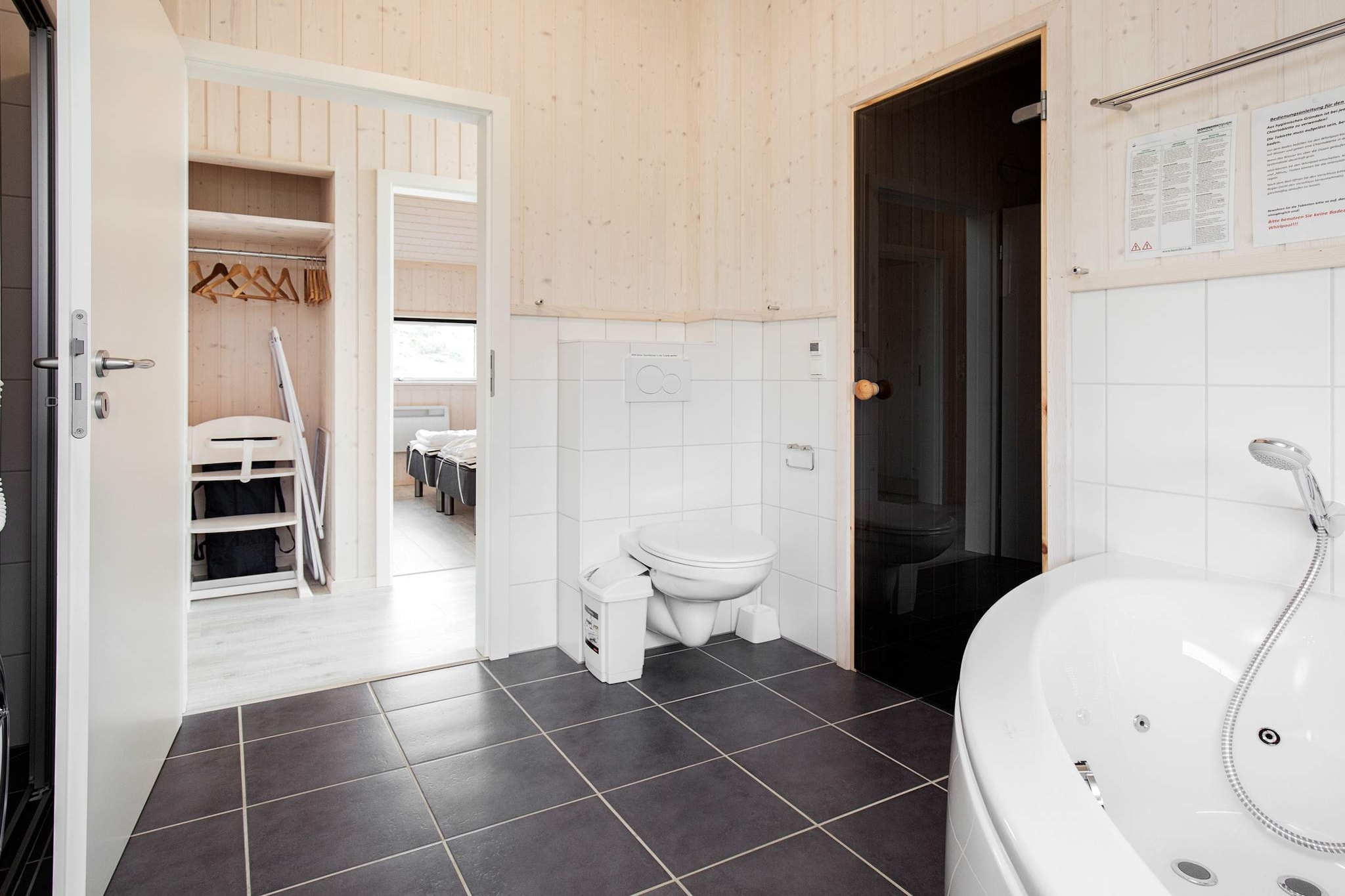 Internet Access DSL, Sitting room(double bed), open kitchen(cooker(2 ring stoves), hood, coffee machine, oven, microwave, dishwasher, fridge-freezer), Living/bed room(32 m2)(TV(satellite, german television channels), DVD player, radio, CD player, stereo unit, high chair), bedroom(8 m2)(double bed, cot), bedroom(8 m2)(double bed), bedroom(7 m2)(double bed), bathroom(floor heating)(tumble dryer, bathtub or shower, washbasin, toilet, washing machine), bathroom(floor heating)(bathtub or shower, washbasin, toilet), Bubble bath(indoor), sauna(indoor, heated), heating(electric), terrace(roofed, 6 m2), terrace(9 m2)