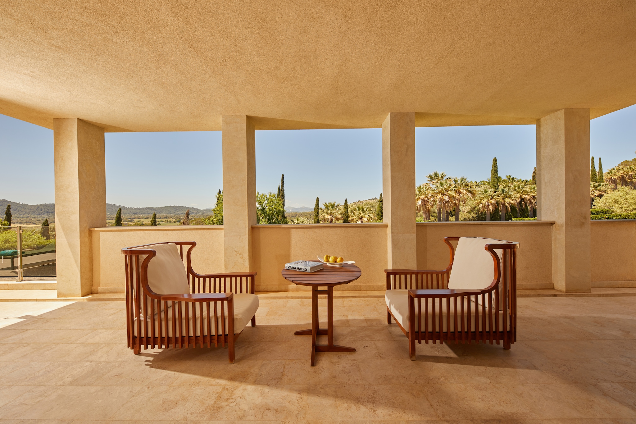 Ground floor: (hallway, open kitchen, Living/diningroom(TV, fireplace, seating area), Bedroom with bathroom(double bed), toilet, washing room, air conditioning)\n\nOn the 1st floor: (Bedroom with bathroom(double bed, bath tub, shower, 2x washbasin, toilet, bidet, balcony or terrace), Bedroom with bathroom(double bed, bath tub, shower, 2x washbasin, toilet, balcony or terrace), Bedroom with bathroom(double bed, shower, washbasin, toilet), Landing, air conditioning)\n\ngarage, terrace(roofed), garden(roofed, fenced), garden furniture, sun loungers, swimming pool(private, 9 x 5 m.)