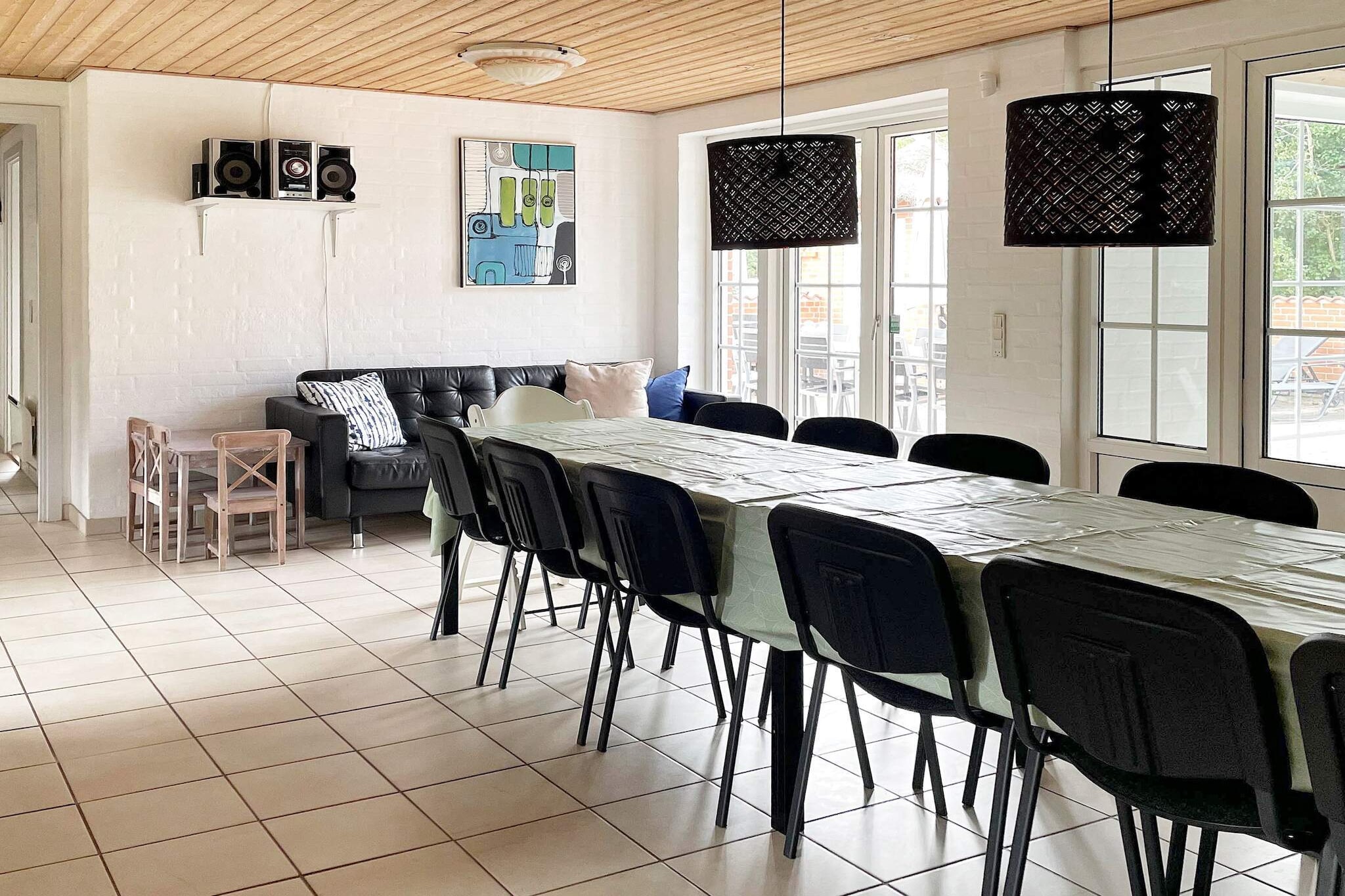 open kitchen(cooker(electric), hood, coffee machine, microwave, dishwasher, fridge-freezer, tumble dryer, washing machine), Living/bed room(TV(cable), DVD player, CD player, stereo unit, high chair), bedroom(double bed, children\'s bed), bedroom(double bed), bedroom(double bed), bedroom(double bed), bedroom(2x single bed), bedroom(2x single bed), bathroom(floor heating)(bathtub or shower, washbasin, toilet), bathroom(floor heating)(bathtub or shower, washbasin, toilet), bathroom(floor heating)(bathtub or shower, washbasin, toilet), game computer, Bubble bath(indoor, heated, 4 persons), sauna(indoor, heated, 5 persons), heating(electric), terrace, BBQ, swimming pool(indoor, 250 m2), play equipment, air to air heatpump, air to water heatpump