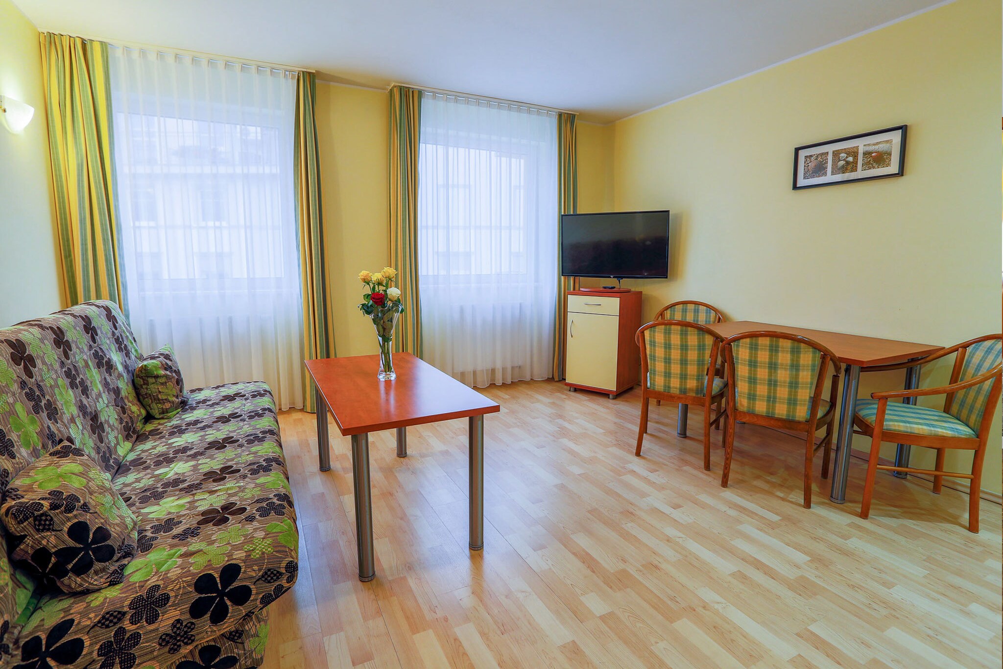 This relaxing apartment in Miedzyzdroje Baltic Coast is located close to the beach and features 1 bedroom. Ideal for a family, it features free WiFi, a balcony and lift.You can try different flavours in the restaurant/cafe located in the same building. The apartment features a kitchenette with a hob, electric kettle and fridge, apart from a living cum dining room with double sofa bed, TV, seating area and dining table. Enjoy having a cup of tea/coffee in the balcony. Parking (chargeable) and lift are other additional amenities. Cot and high chair is available on request.