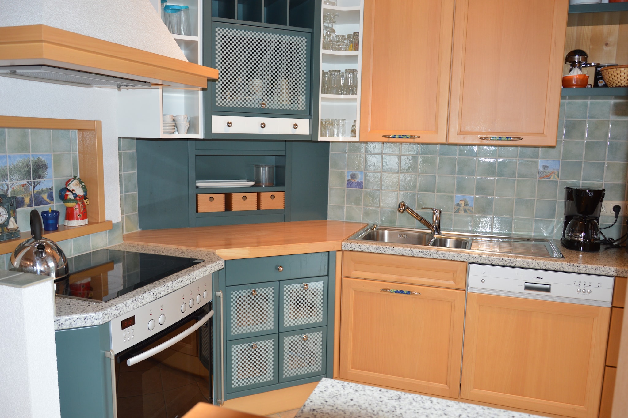 Ground floor: (Living room(TV, gas fireplace), open kitchen(electric kettle, toaster, cooker(ceramic), coffee machine(filter), oven, dishwasher, fridge-freezer, dishes and cutlery(Bowls, chopsticks, plates, cups, etc.)), bathroom(shower, washbasin, toilet, hairdryer))\n\nOn the 1st floor: (bedroom(double bed), bedroom(double bed), bedroom(2x single bed), bedroom(single bed, double bed), bathroom(bathtub with shower, washbasin, toilet))\n\nstorage, cot, washing machine, ski boot heaters, terrace, parking, children\'s bed, high chair, high chair