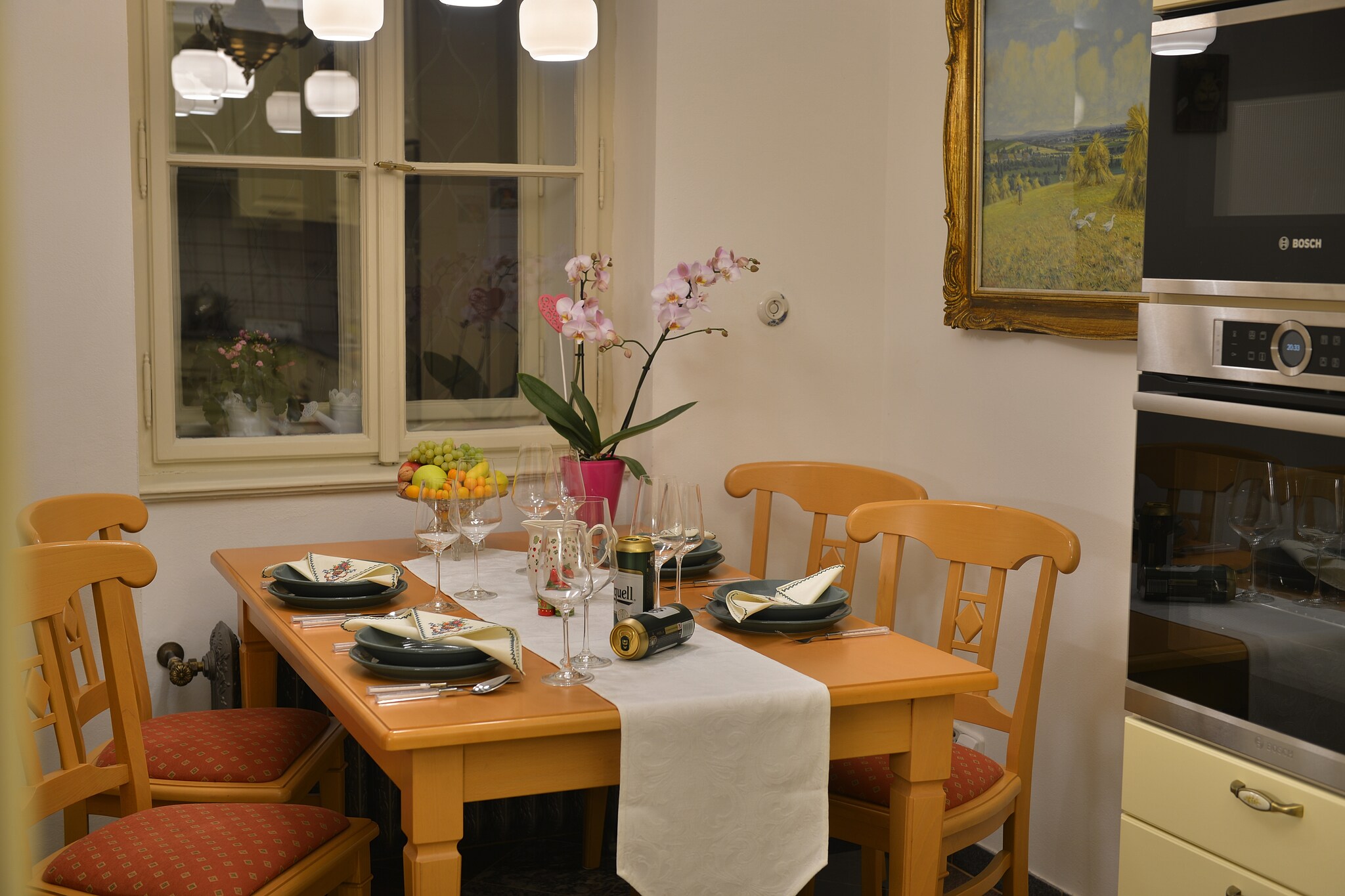 Ground floor: (Entrance, Kitchen(dining table(4 persons), hob(4 ring stoves, electric), coffee machine, oven, microwave, dishwasher, fridge-freezer), bedroom(double bed, seating area), walk-through bedroom(double bed, TV), bathroom(shower, 2x washbasin), toilet(toilet), sanitary facility(tumble dryer(paid), washing machine(paid)))\n\nheating(central), parking