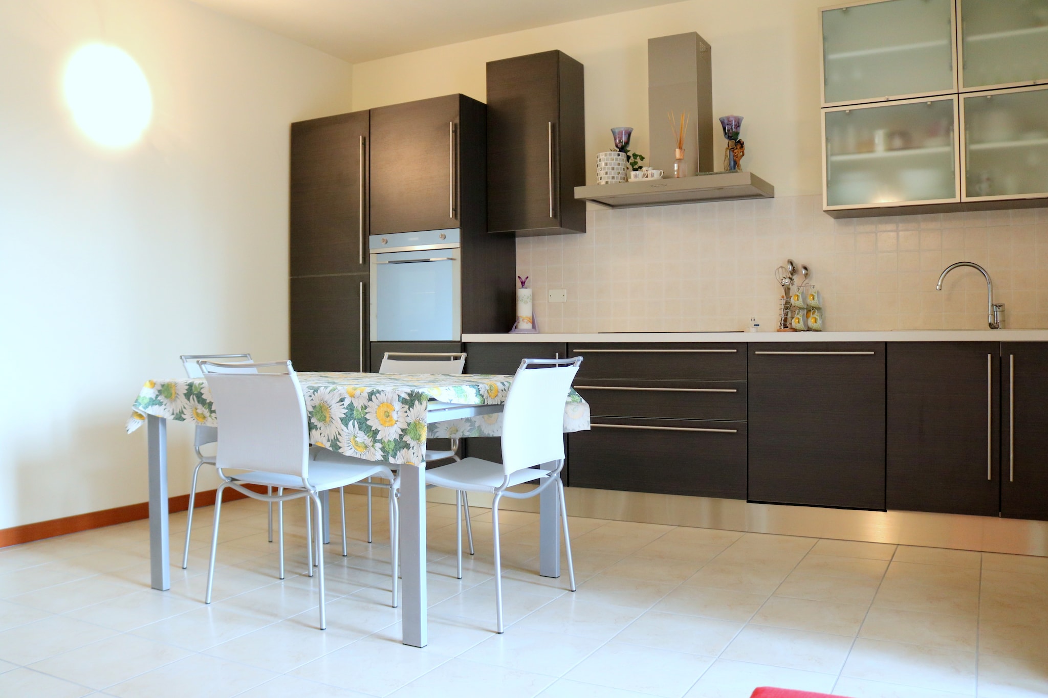 Ground floor: (open kitchen(oven, dishwasher, fridge-freezer), Living/diningroom(TV(satellite)), bedroom(double bed), bedroom(single trundle bed, bunk bed), bathroom(shower, washbasin, toilet, washing machine), heating(central, gas), air conditioning, 2x terrace(private))\n\ngarage, terrace(shared with other guests), garden(shared with other guests, fenced), garden furniture, swimming pool(shared with other guests, 12 x  7 m., opened from 1/2 May upto and including 1/2 Sep)