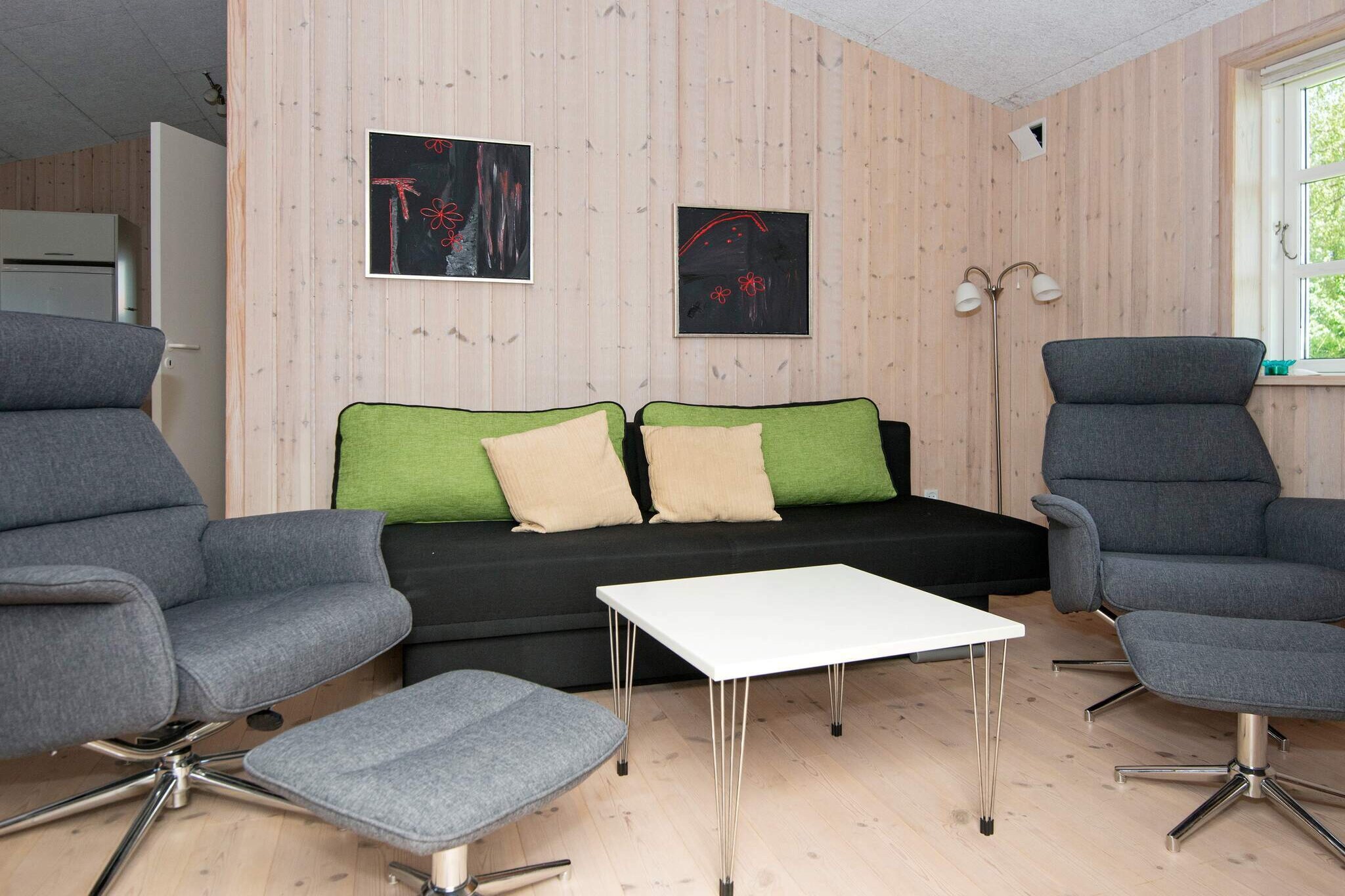 open kitchen(cooker(electric), hood, coffee machine, microwave, dishwasher, fridge(+ freezer)), Living/bed room(2x single folding bed, TV(german television channels, danish TV channels (DR1 and TV2)), DVD player, radio, CD player, stereo unit, high chair), bedroom(double bed), bedroom(double bed), bathroom(bathtub or shower, washbasin, toilet, washing machine), conservatory, carport, heating(electric), terrace, BBQ, air to air heatpump