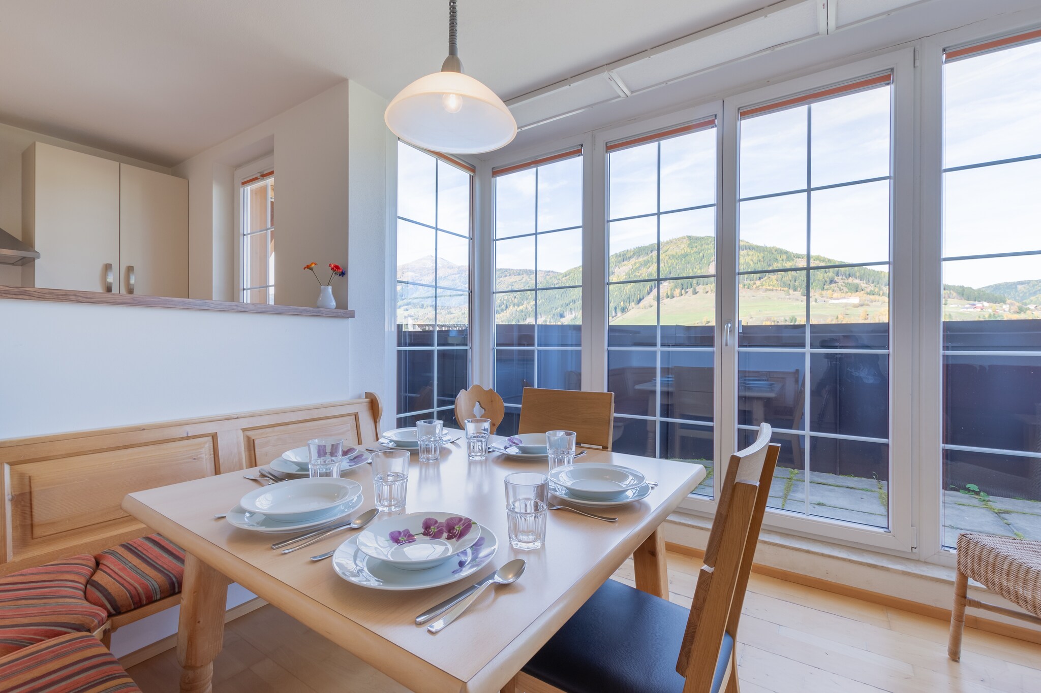 On the 1st floor: (Living room(double sofa bed, TV(cable), fireplace), open kitchen(cooker(ceramic), oven, dishwasher, fridge-freezer), bedroom(double bed), bedroom(bunk bed), bathroom(bathtub with shower, washbasin, toilet))\n\nski storage, garage, balcony, heating(central), garden furniture, parking